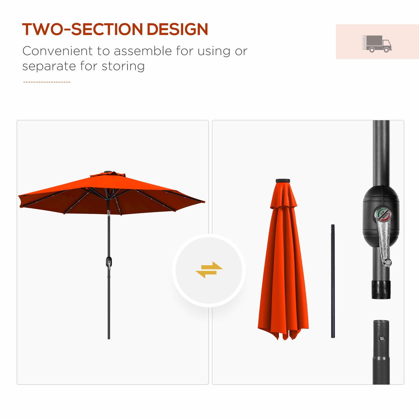 9ft Solar Patio Umbrella Outdoor Sunshade 24 LED Lights Tilt Canopy Orange