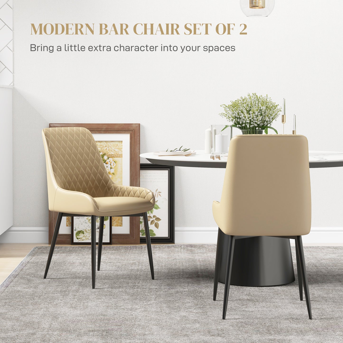 Upholstered Kitchen Chairs, Modern Dining Chairs Set of 2 with Diamond Tufting and Steel Legs for Dining Room, Khaki