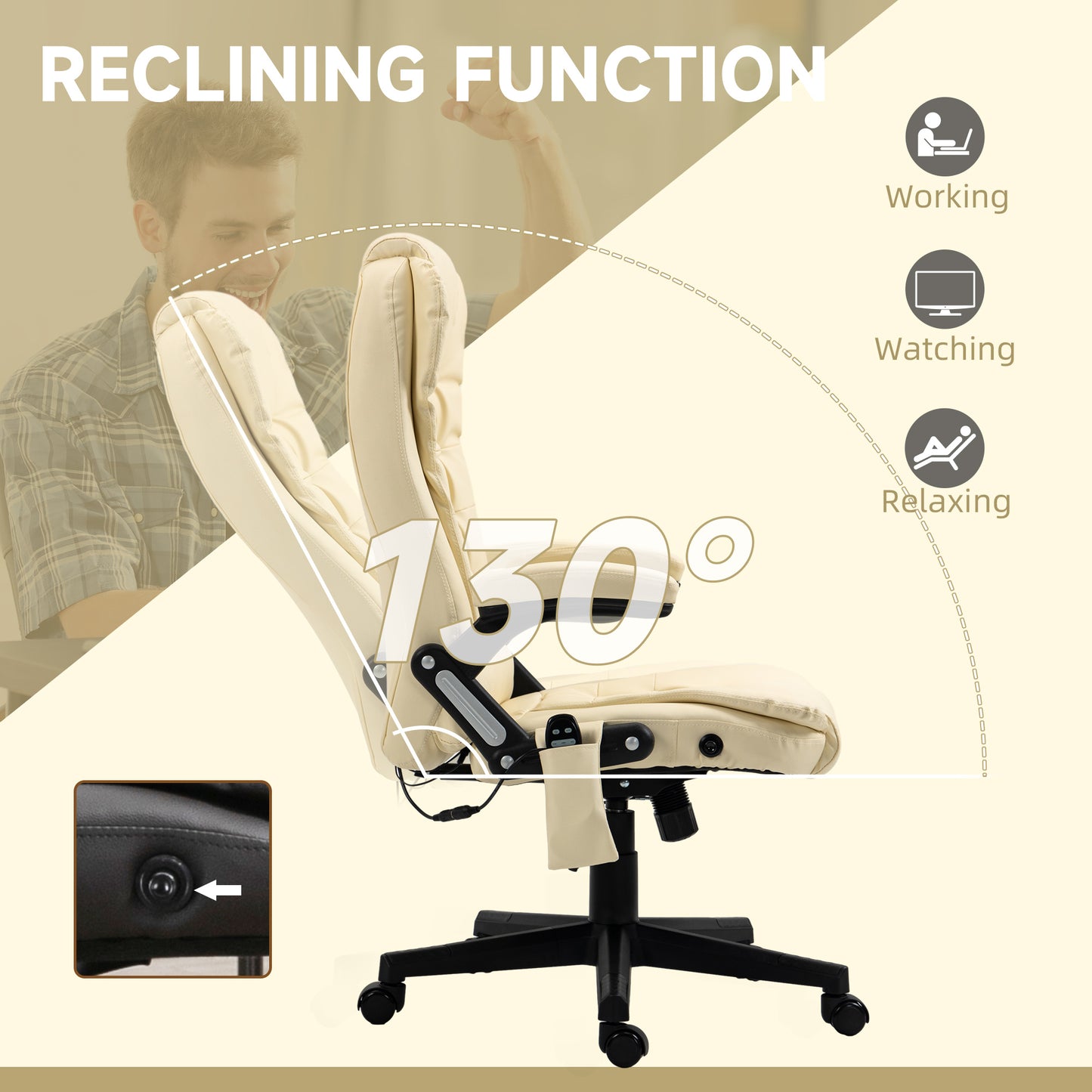 Heated Massage Office Chair, Ergonomic High Back Swivel Executive Chair with Vibration, Leather, Beige
