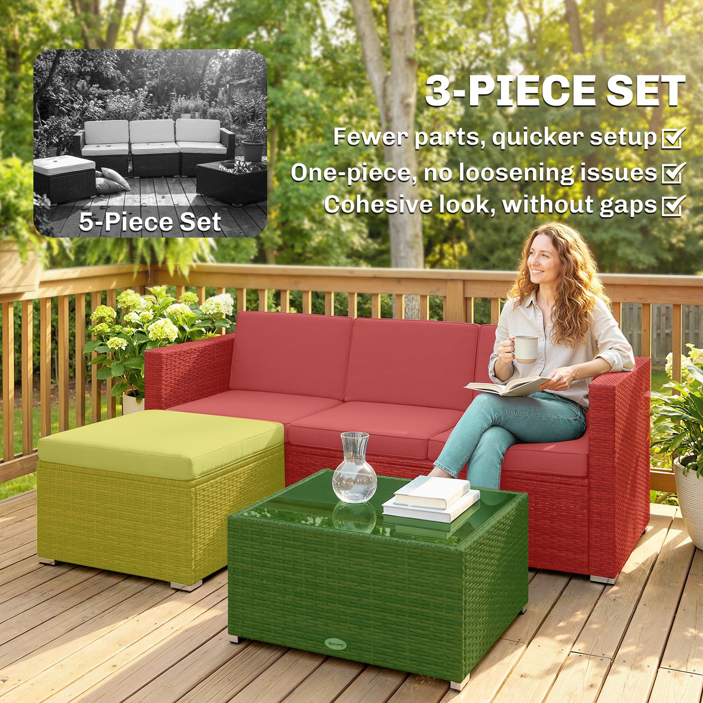 3 Pieces Patio Furniture Set with Cushions, Outdoor PE Rattan Wicker Conversation Corner Sofa Set with Glass Top Table