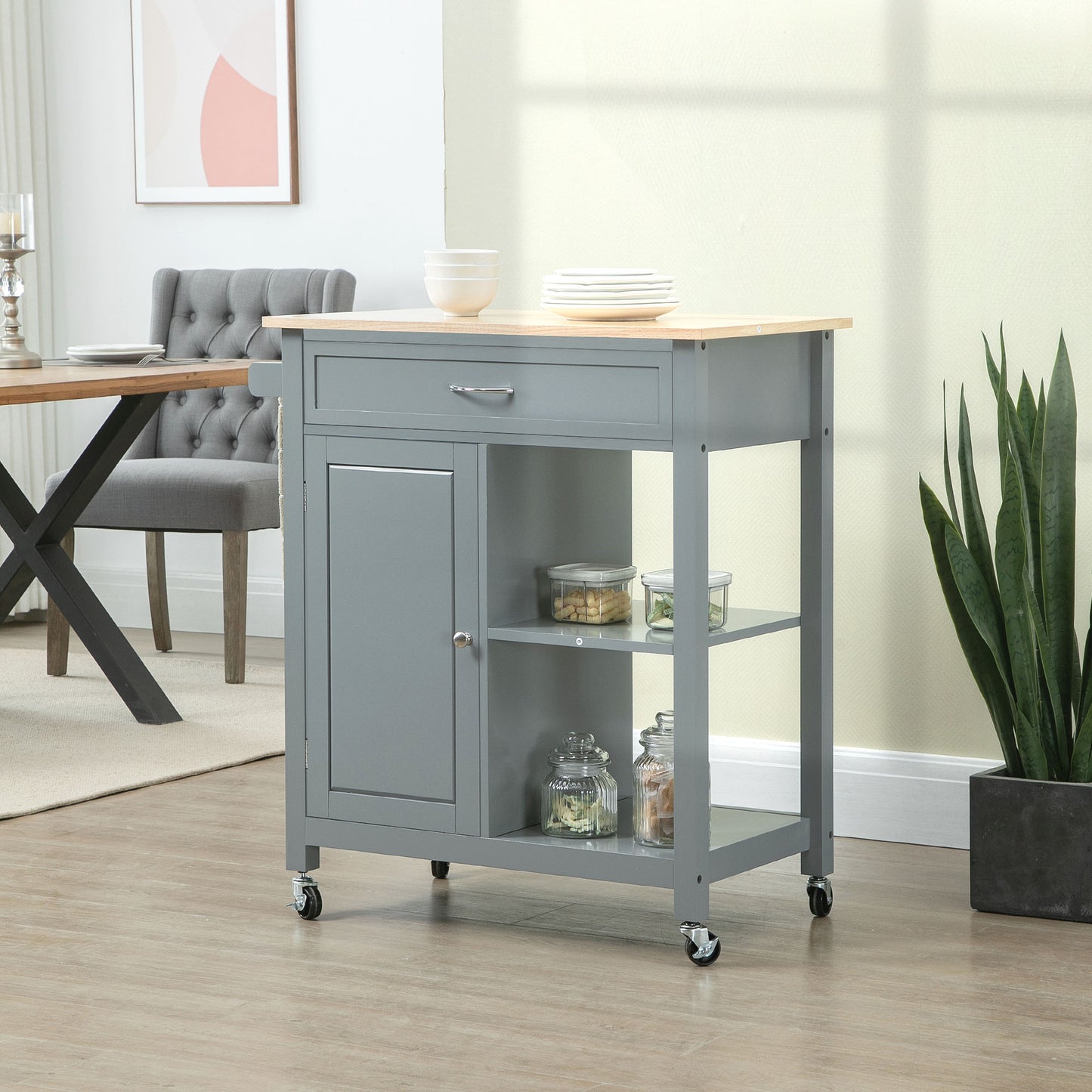 Rolling Kitchen Cart with Wood Top and Drawer, Kitchen Island on Wheels for Dining Room, Grey