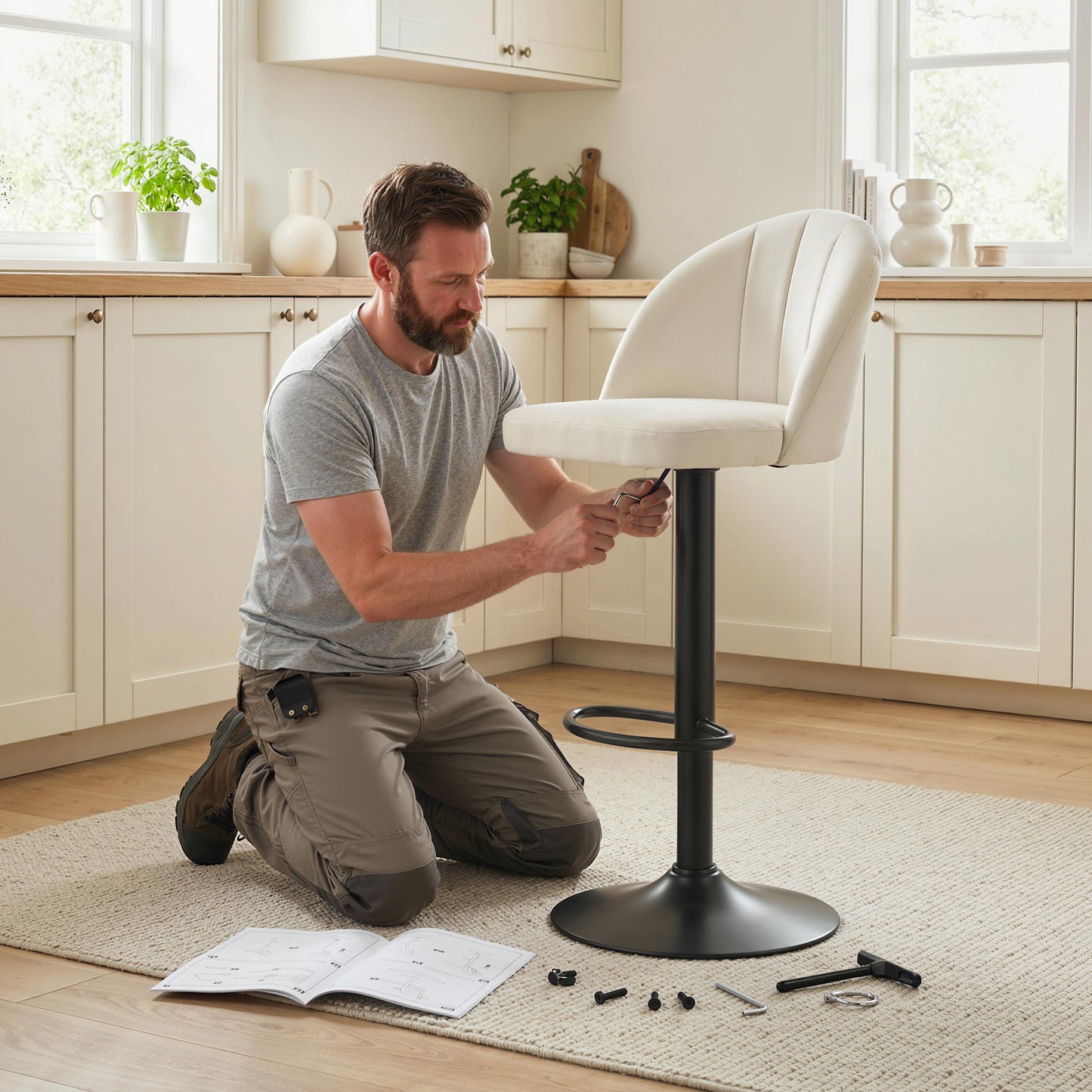 Bar Stools Set of 2, Swivel Counter Height Barstools with Footrest, Cream White
