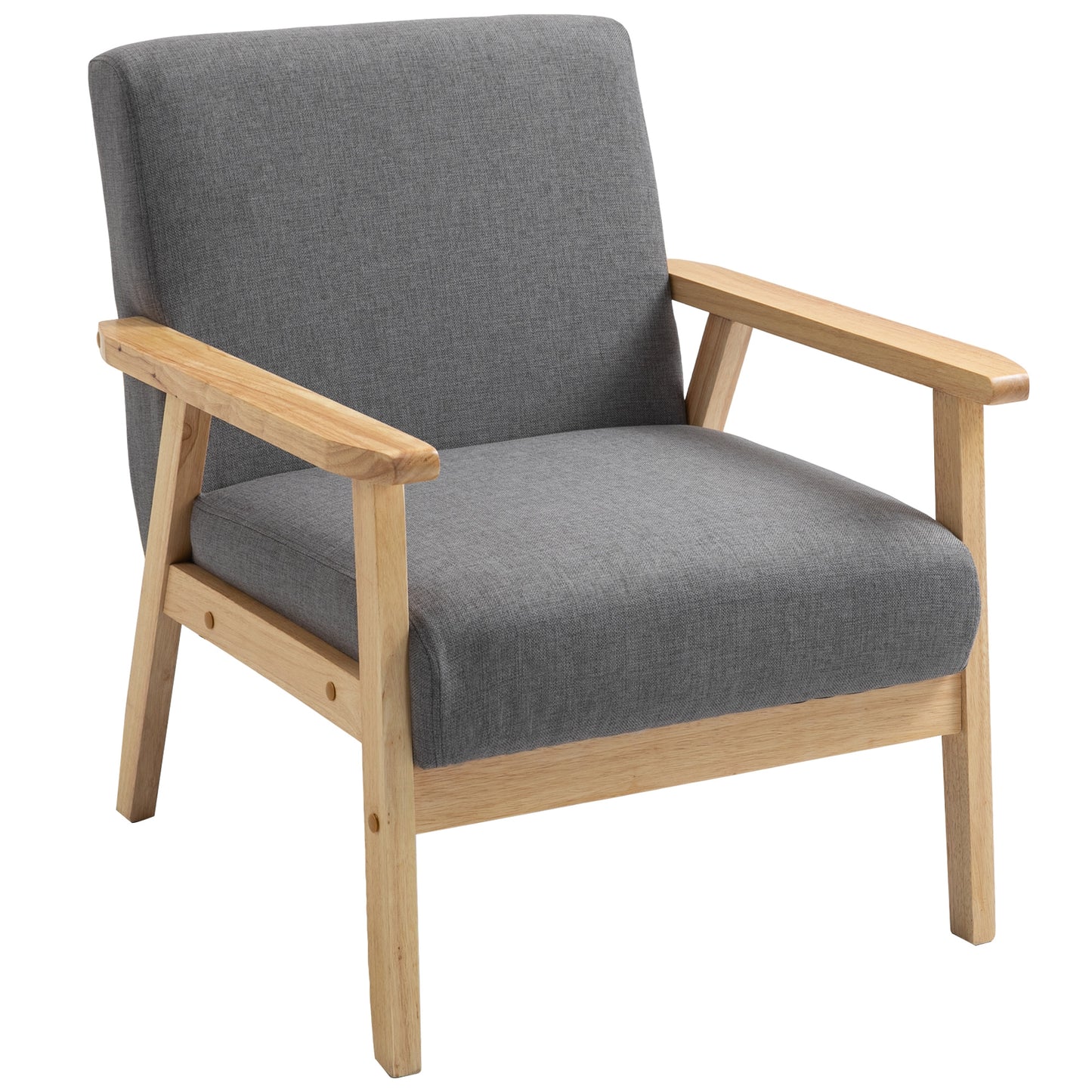 Minimalistic Accent Chairs Wood Frame w/ Thick Linen Cushions Wide Seat Armchair for Bedroom Office, Grey
