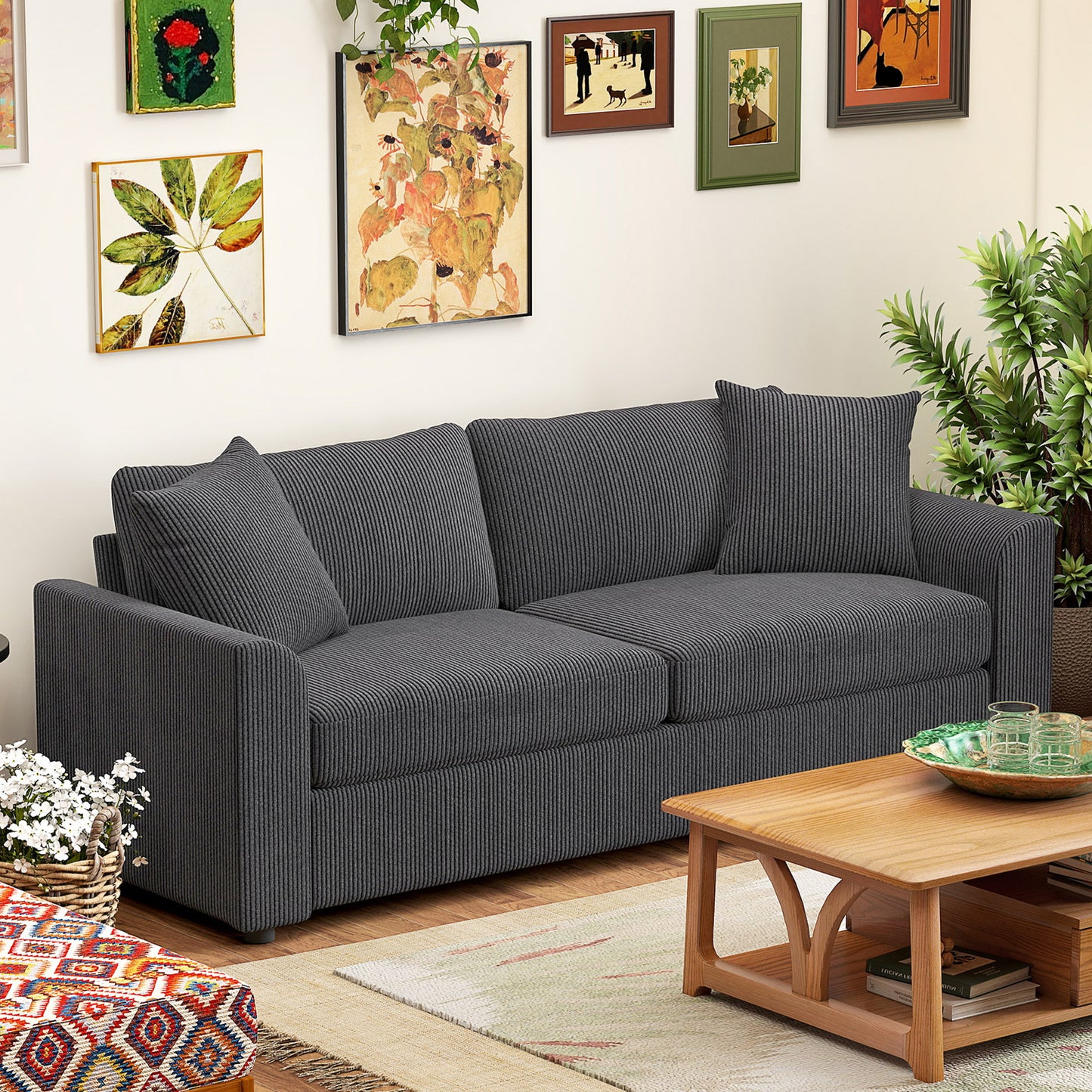 3 Seater Sofa, 83.5" Modern Upholstered Couch with Pocket Spring and 2 Scatter Cushions for Living Room, Dark Grey