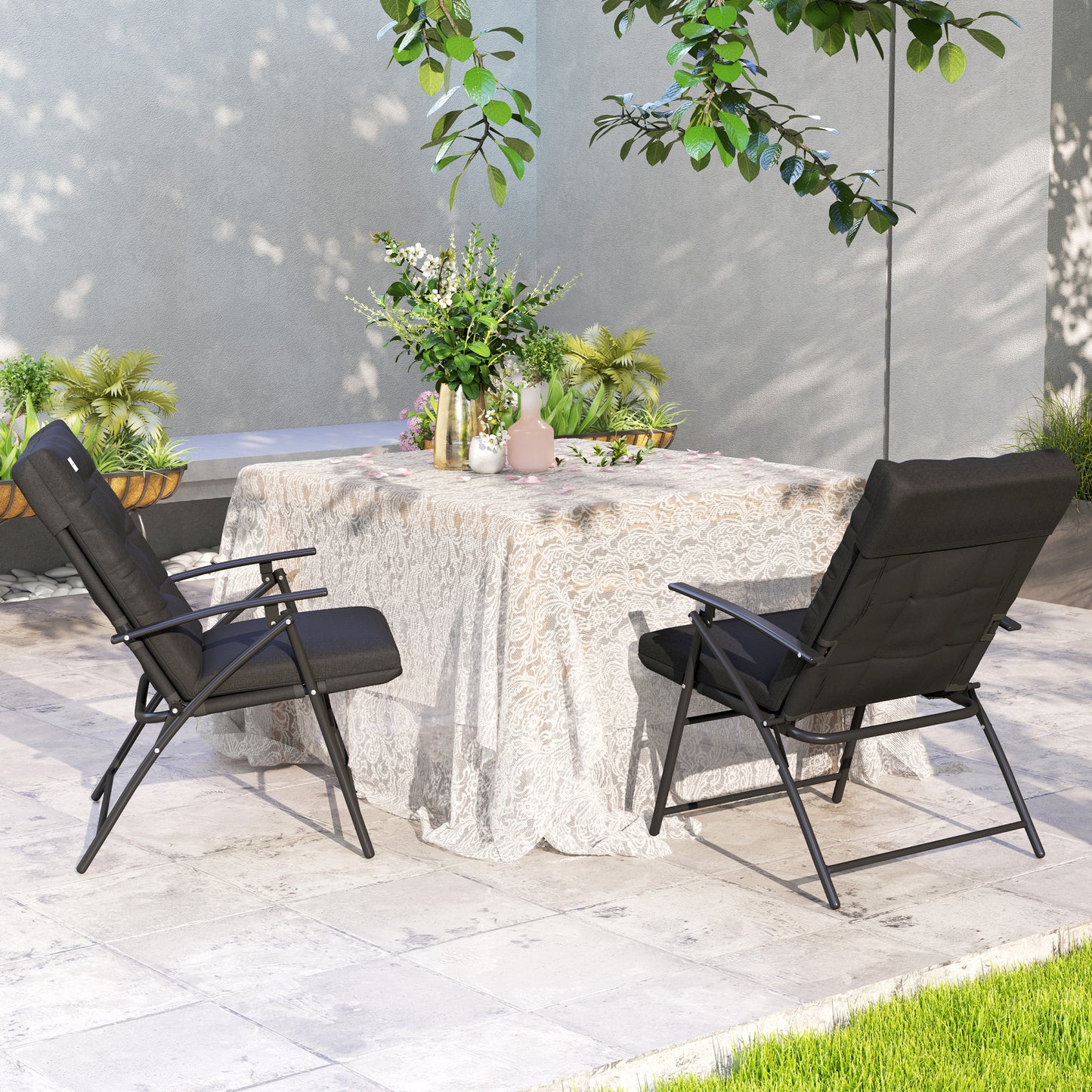 Set of 2 Outdoor Folding Chairs with Adjustable Backrest, Padded Camping Chairs for Outdoor Events, Black