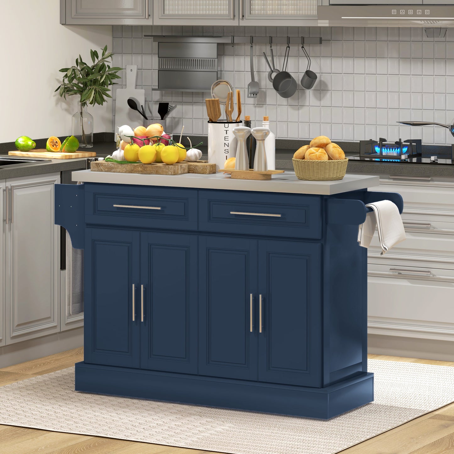 Rolling Kitchen Island with Stainless Steel Top, Kitchen Trolley with 2 Drawers, Cabinets, Towel/Spice/Knife Rack, Blue