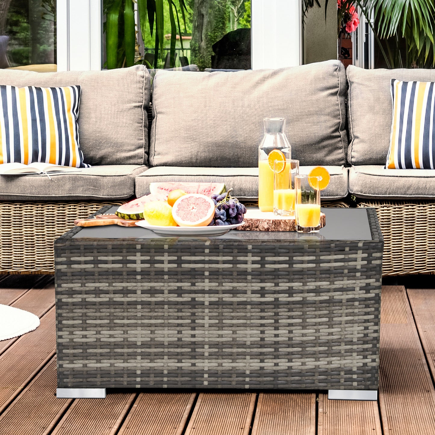 Rattan Garden Coffee Table, 25.6" Square Garden Rattan Table with Tempered Glass Top, Deep Grey
