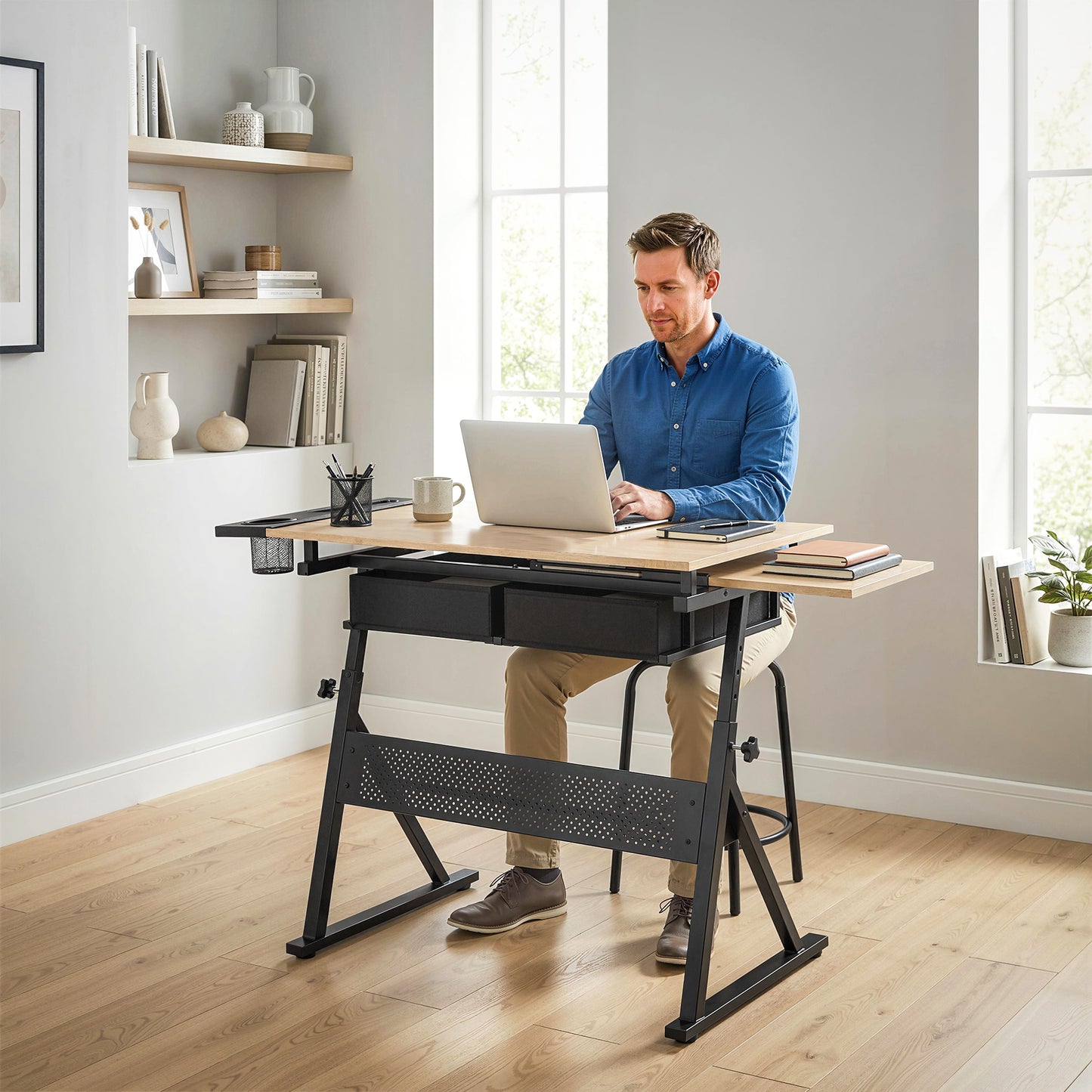Adjustable Drafting Table, Art Desk Drawing Table Workstation with Stool and Storage Drawers for Painting, Oak