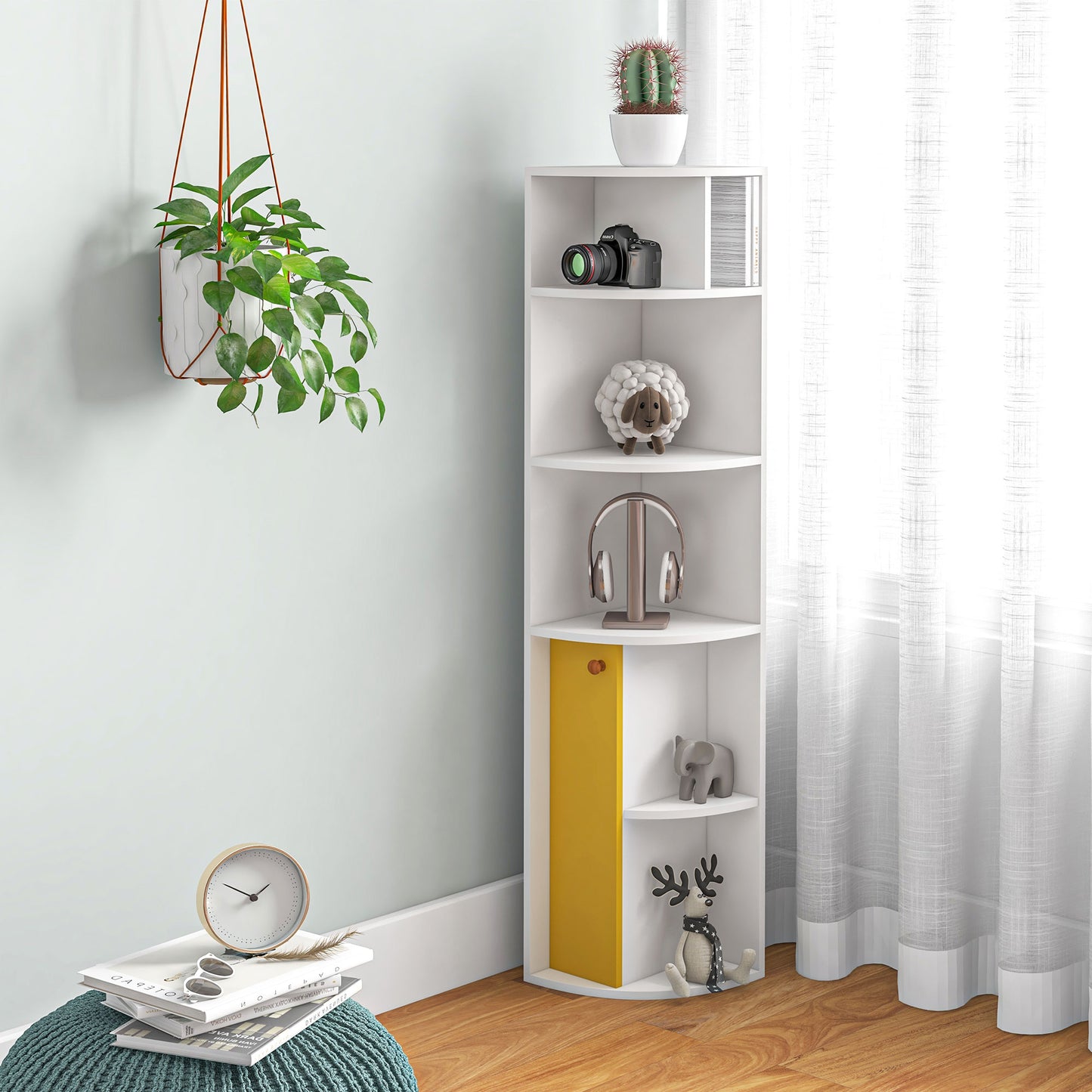 5-Tier Corner Bookcase, Storage Bookshelf, Freestanding Display Shelves with Open Compartments and Cabinet for Home Office, Living Room, Study, White