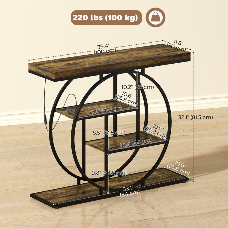 39" 4-Tier Entryway Console Table with LED Lights - Rustic Brown