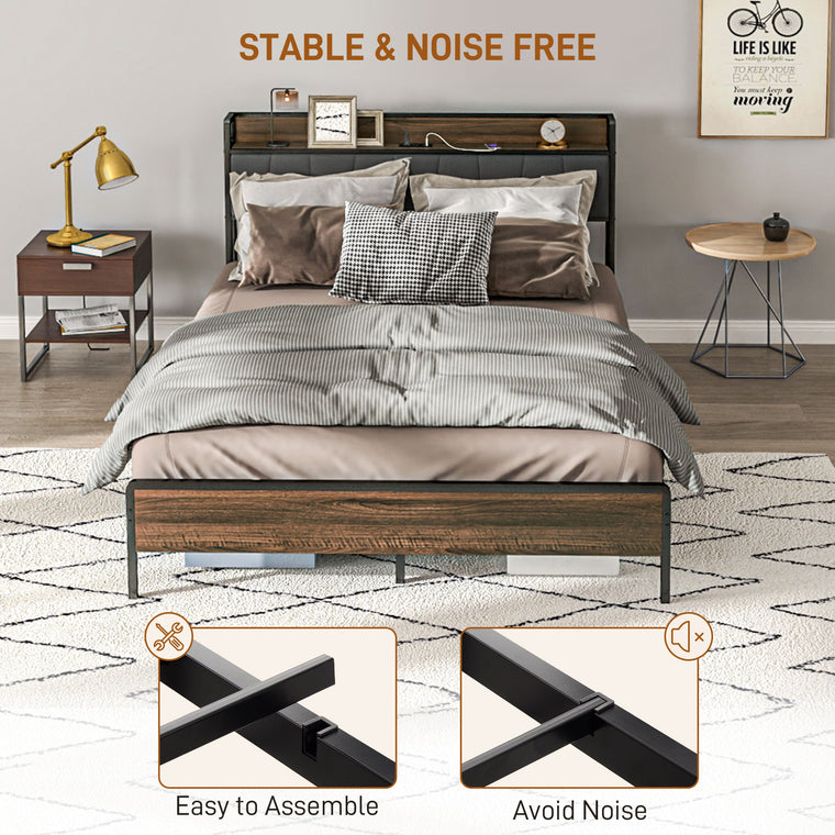 Queen Bed Frame with Charging Station and Storage - Walnut