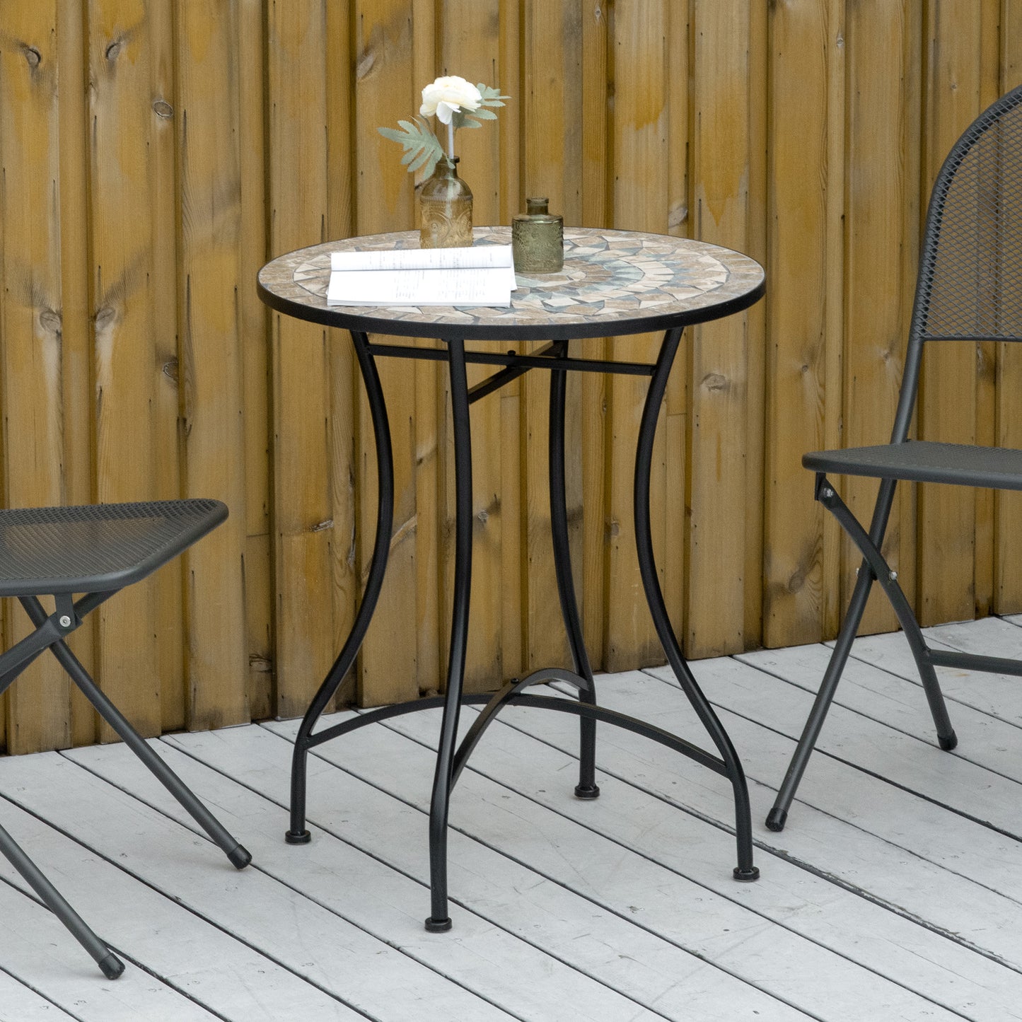 Mosaic Patio Table, Round Coffee Table with Metal Frame, Garden Furniture for Outdoor, Poolside, Green