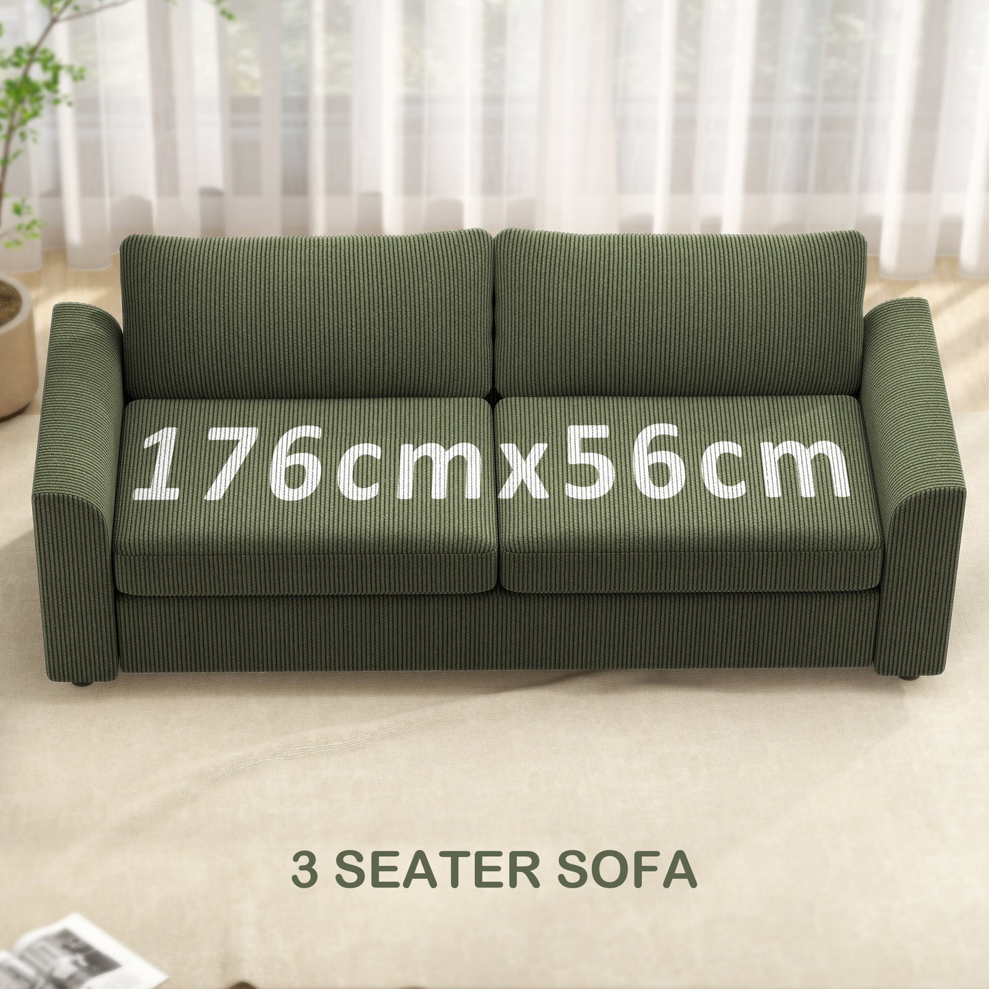 3 Seater Sofa, 83.5" Modern Upholstered Couch with Pocket Spring and 2 Scatter Cushions for Living Room, Green