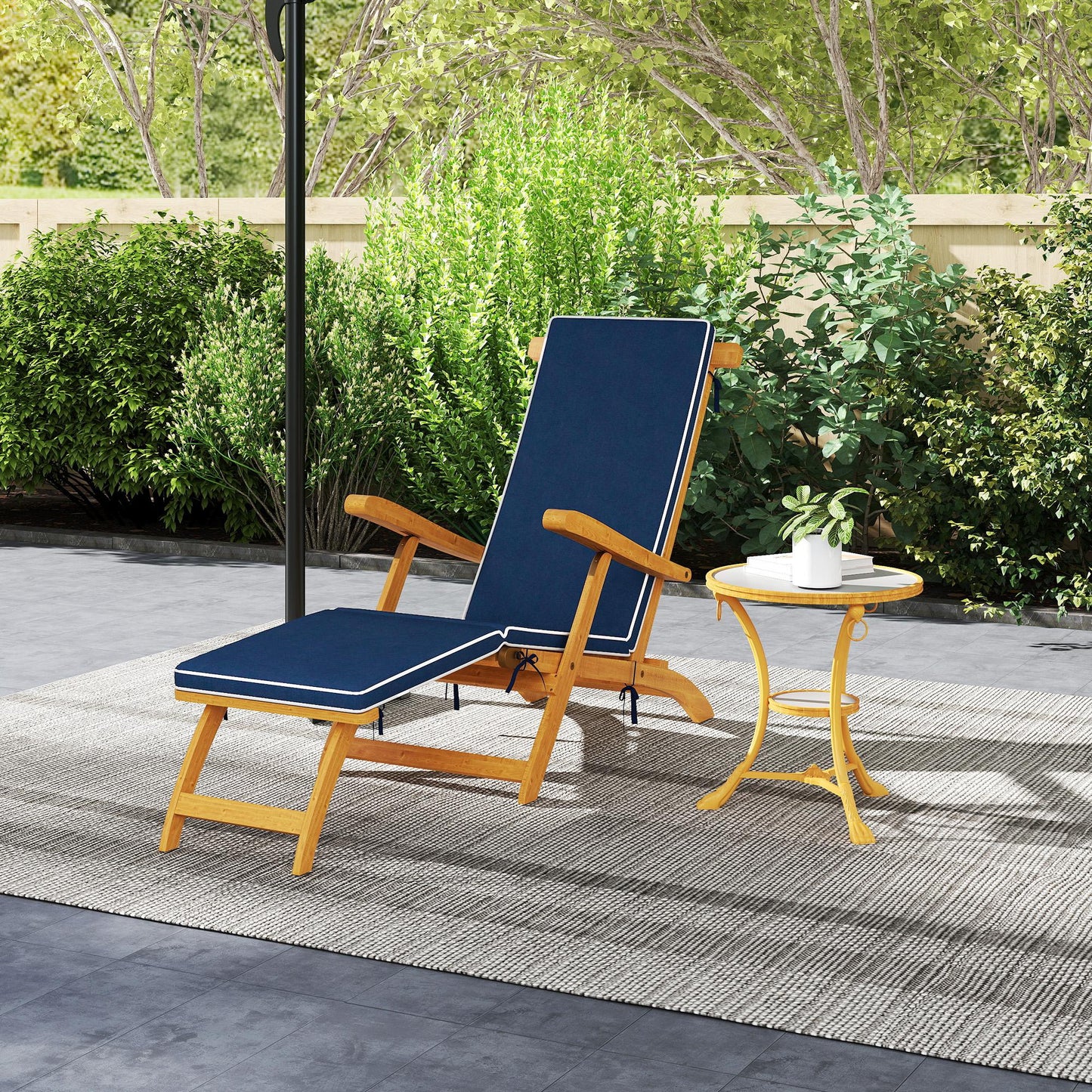 Folding Patio Lounge Chair with Padded Cushion, Acacia Wood Patio Lounger Recliner with Footrest for Garden, White
