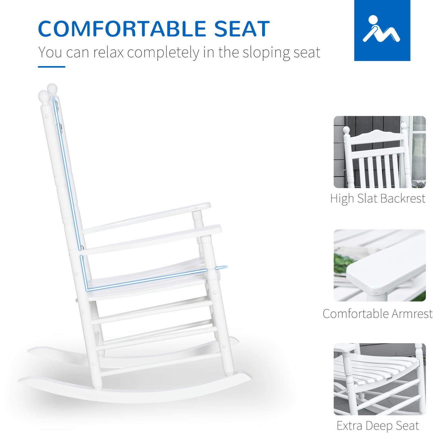 Wooden Outdoor Rocking Chair, Patio Rocking Chair with Slatted High Back and Armrests for Porch, Garden, Lawn, White