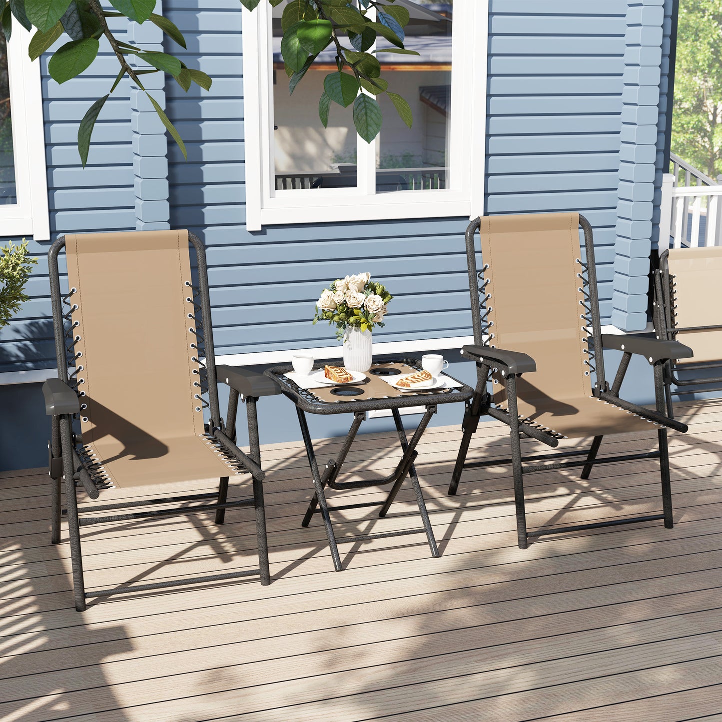 3 Pieces Patio Bistro Set, Outdoor Folding Table and Chairs Set, Metal Patio Furniture Set with Cup Holders