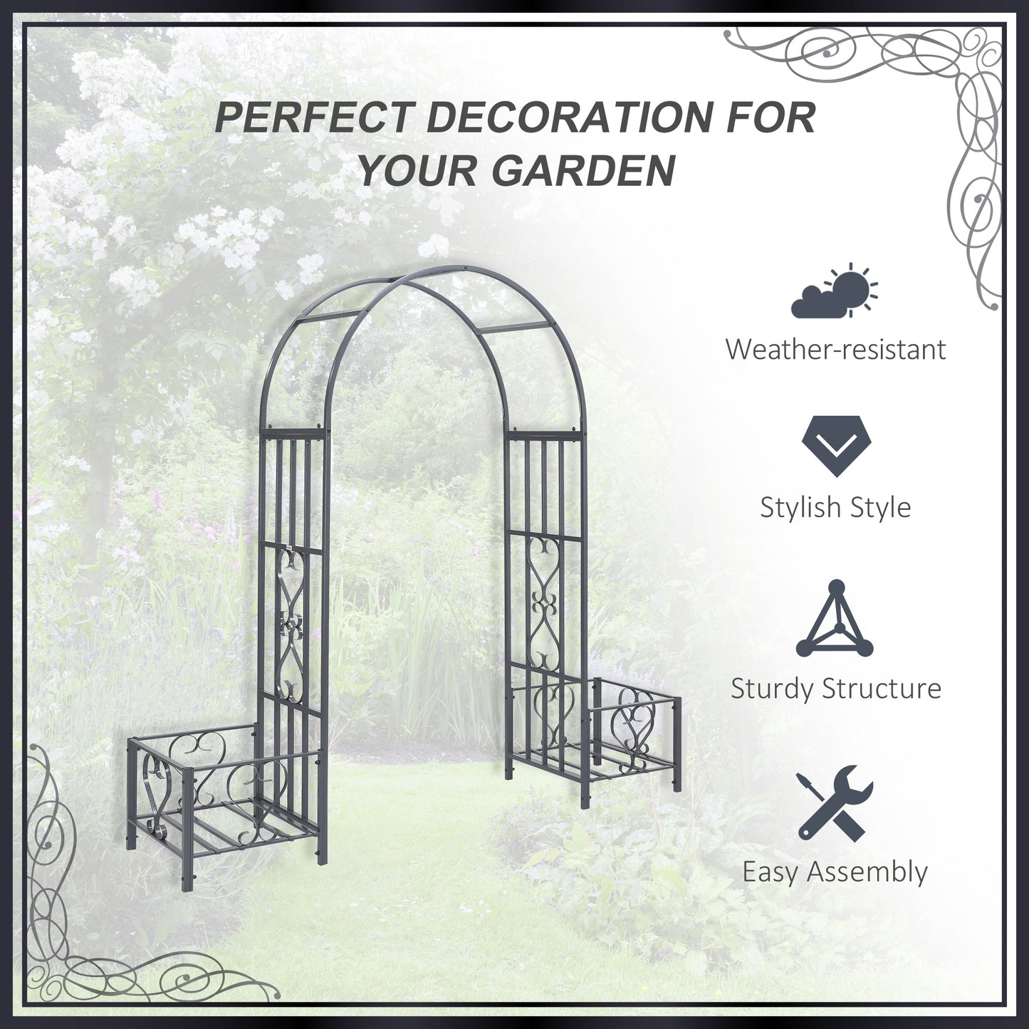 7FT Metal Garden Arch with 2 Planter Boxes, Decorative Outdoor Walkway Arbor for Climbing Vine Plants for Patio Backyard Lawn Party Ceremony, Dark Grey
