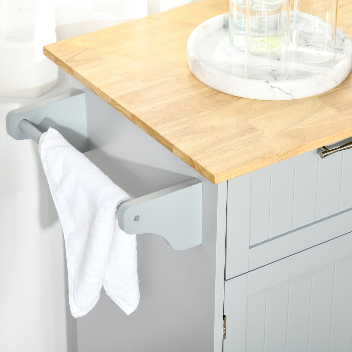 41" Kitchen Island with Storage and Solid Wood Top, Rolling Kitchen Cart on Wheels with 2 Storage Drawers, 2 Doors and Towel Rack for Dining Room, Grey