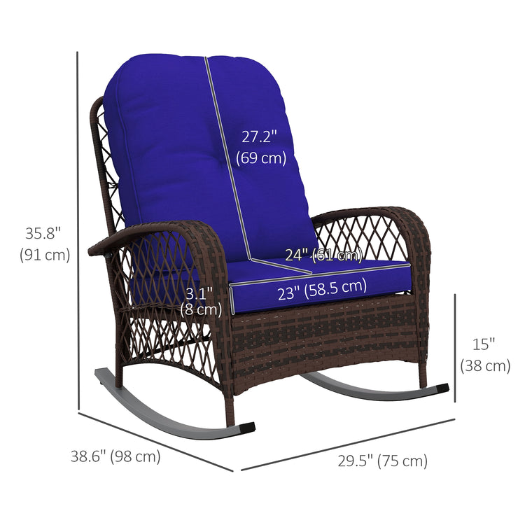 Dark Blue Wicker Rocking Chair with Thick Cushions