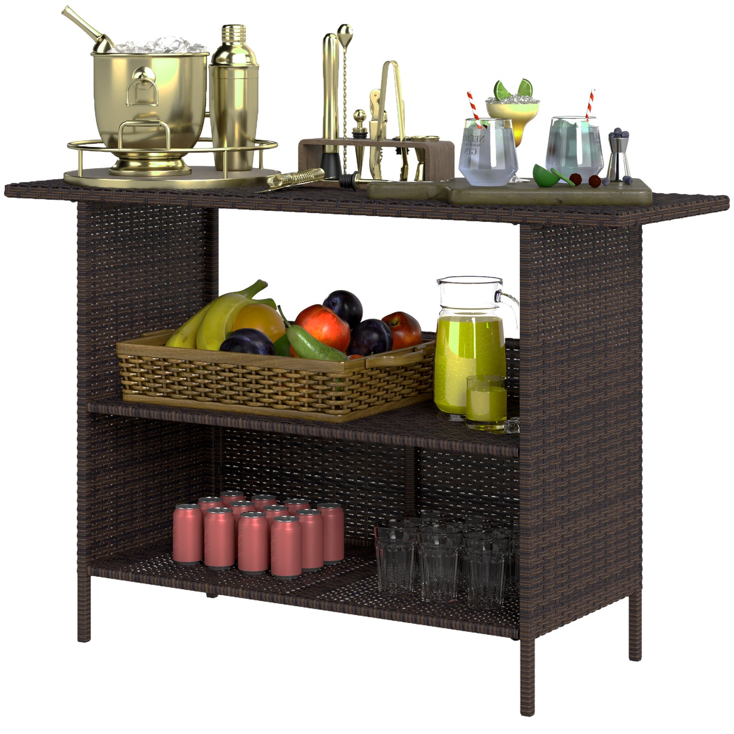 Wicker Outdoor Bar Table, PE Rattan Bar Height Patio Table with 2 Shelves, Steel Frame for Garden, Backyard, Dark Grey