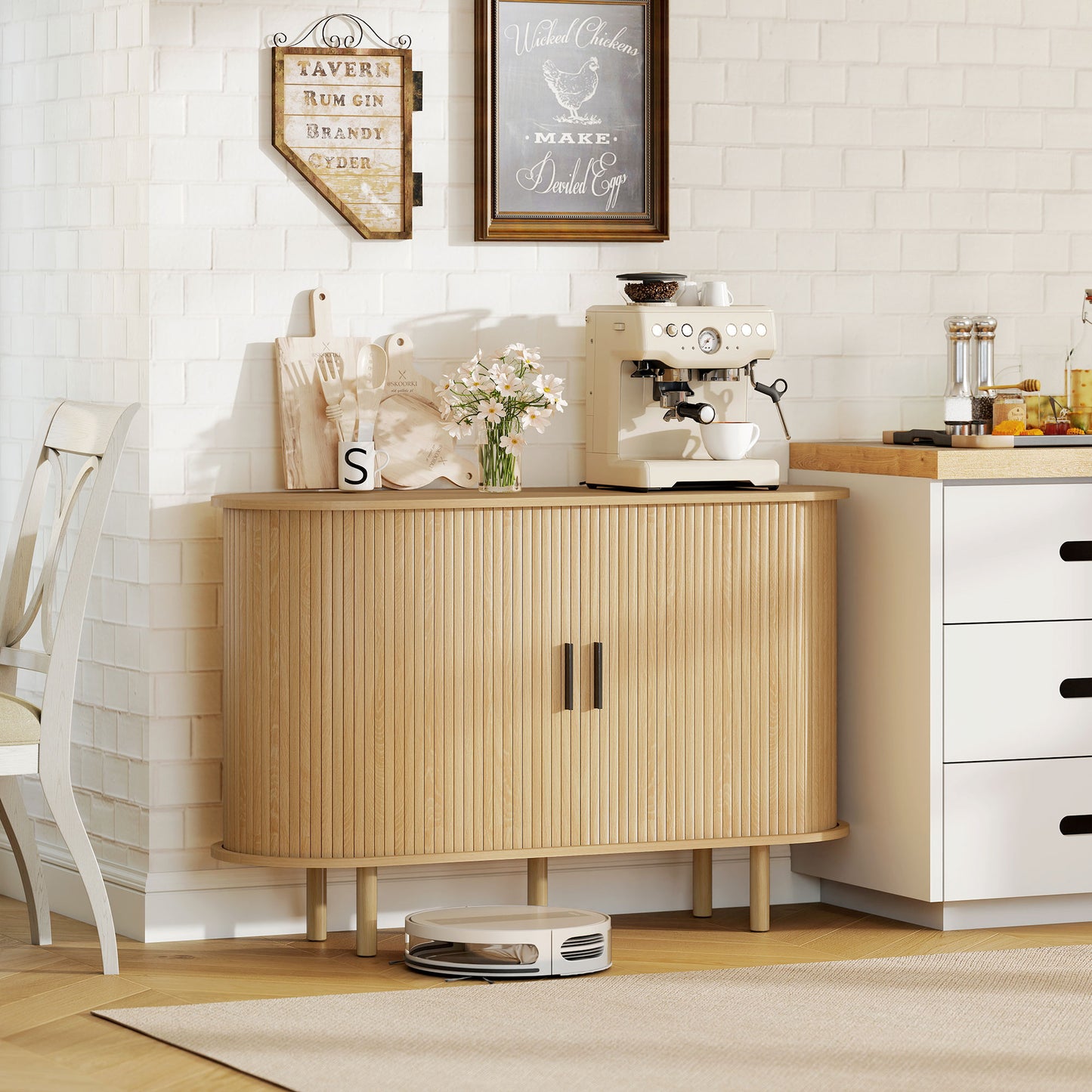 47" Buffet Cabinet with Tambour Sliding Doors, Fluted Sideboard with Storage Shelves and Wooden Legs, Oak