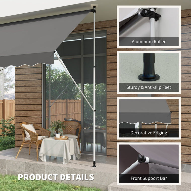 10' x 5' Grey Manual Retractable Awning with Support Pole
