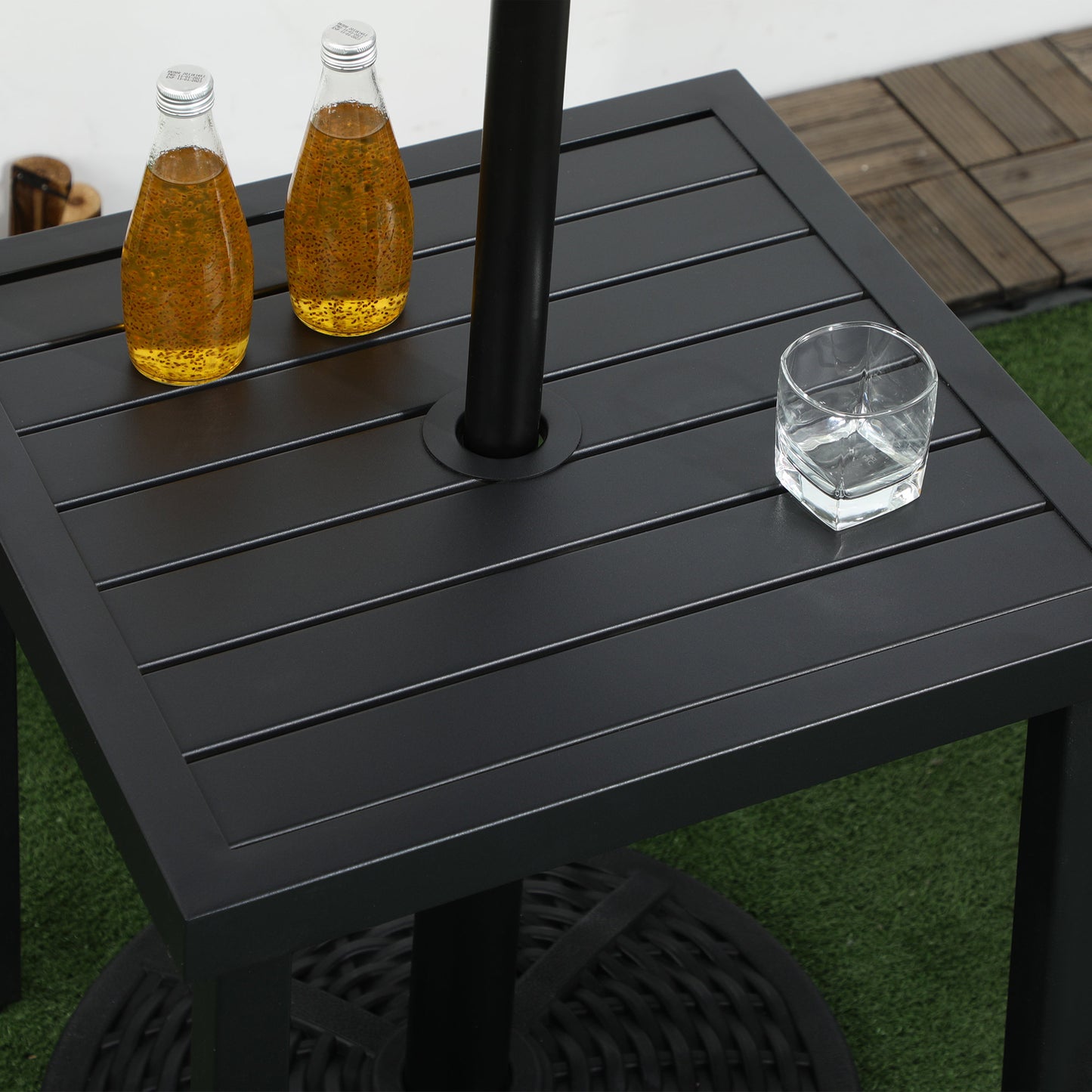 Outdoor Side Table, Patio End Table with Umbrella Hole, Small Coffee Table with Steel Frame for Balcony, Black