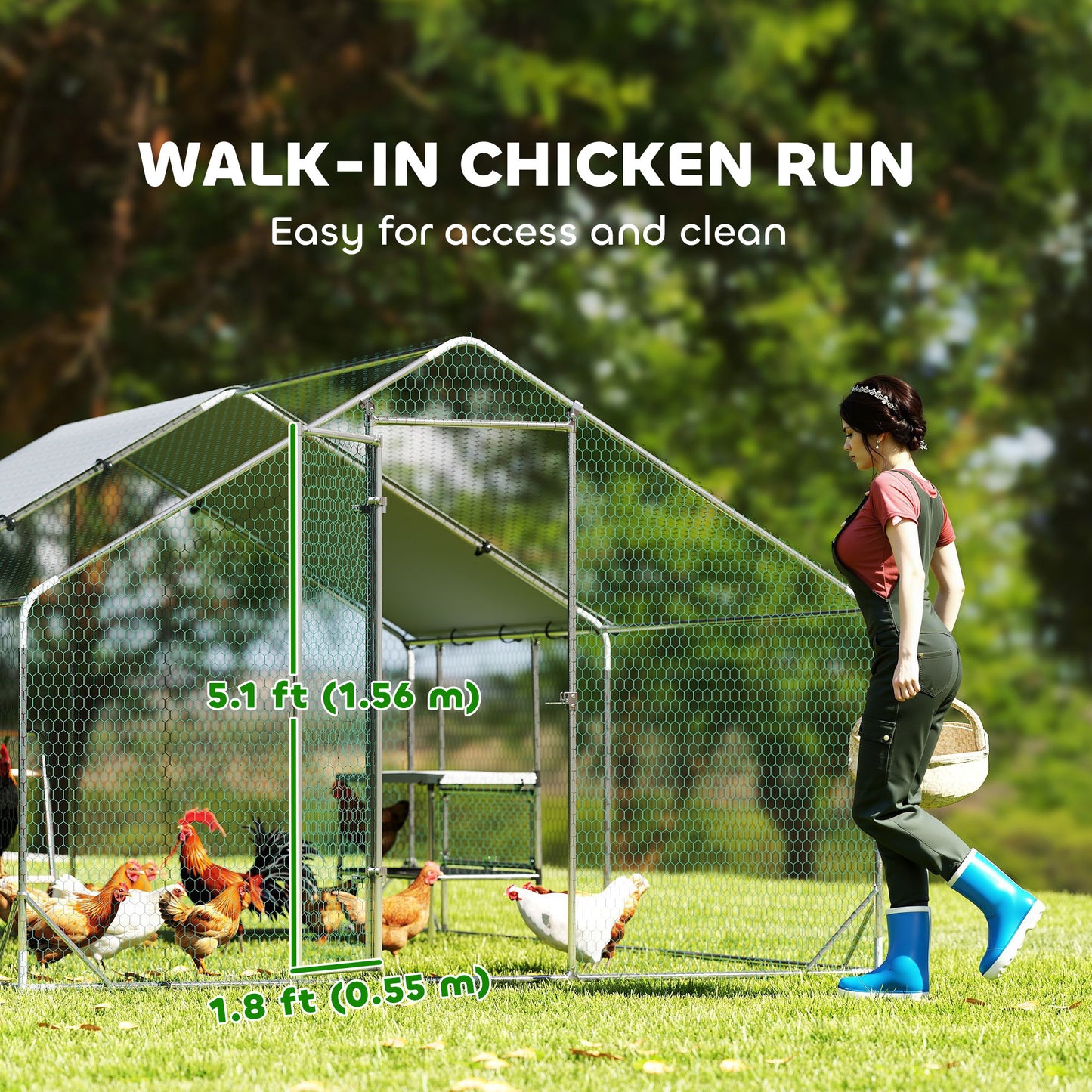 Metal Chicken Coop Run w/ Waterproof Cover, Nesting Box, Roosting Bars, for Outdoor Backyard