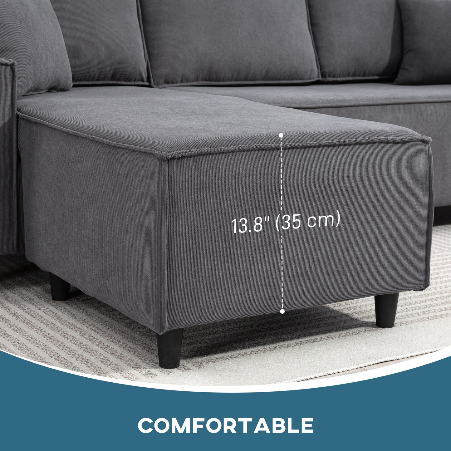 Corduroy L-Shape Corner Sectional Sofa - Charcoal Grey