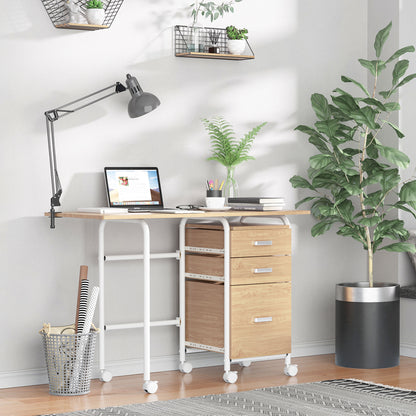 Foldable Computer Desk with Drawers and Wheels - Natural