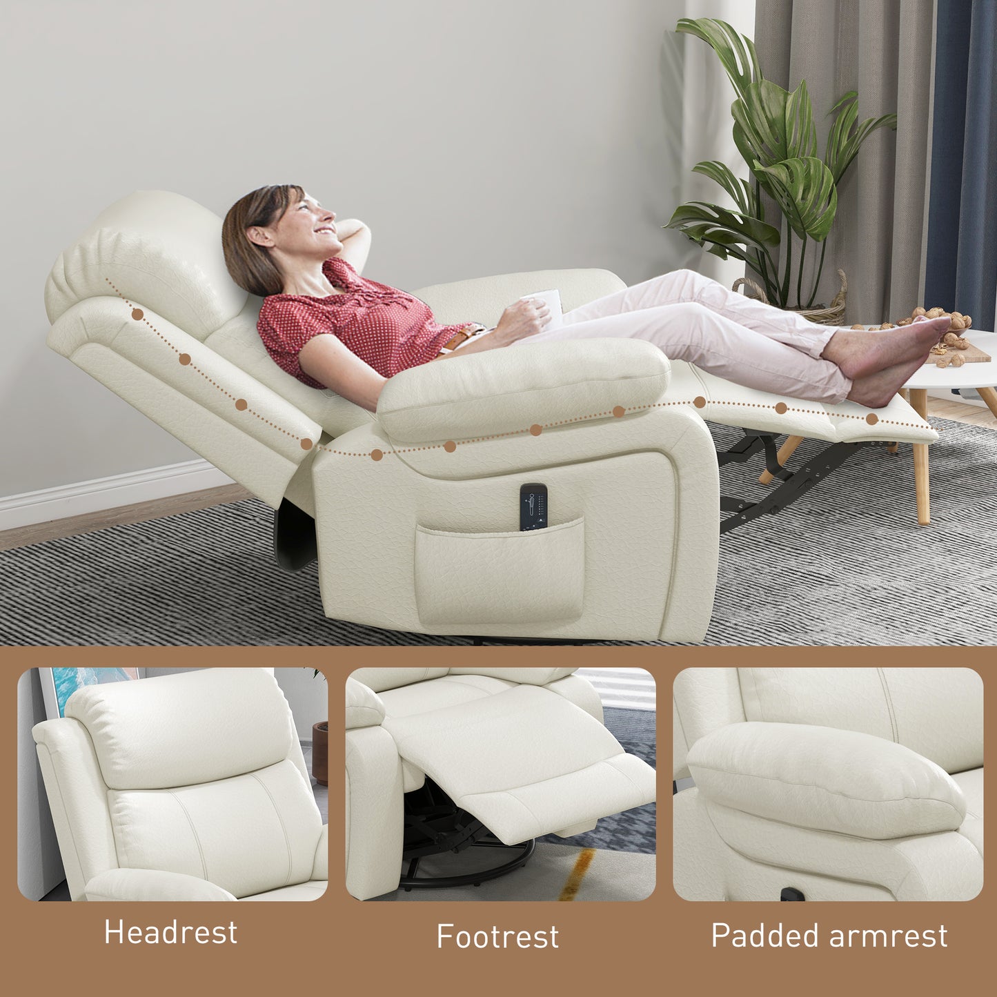 Leather Reclining Chair with Vibration Massage, Swivel Base, Rocking Function, Remote Control, Cream White