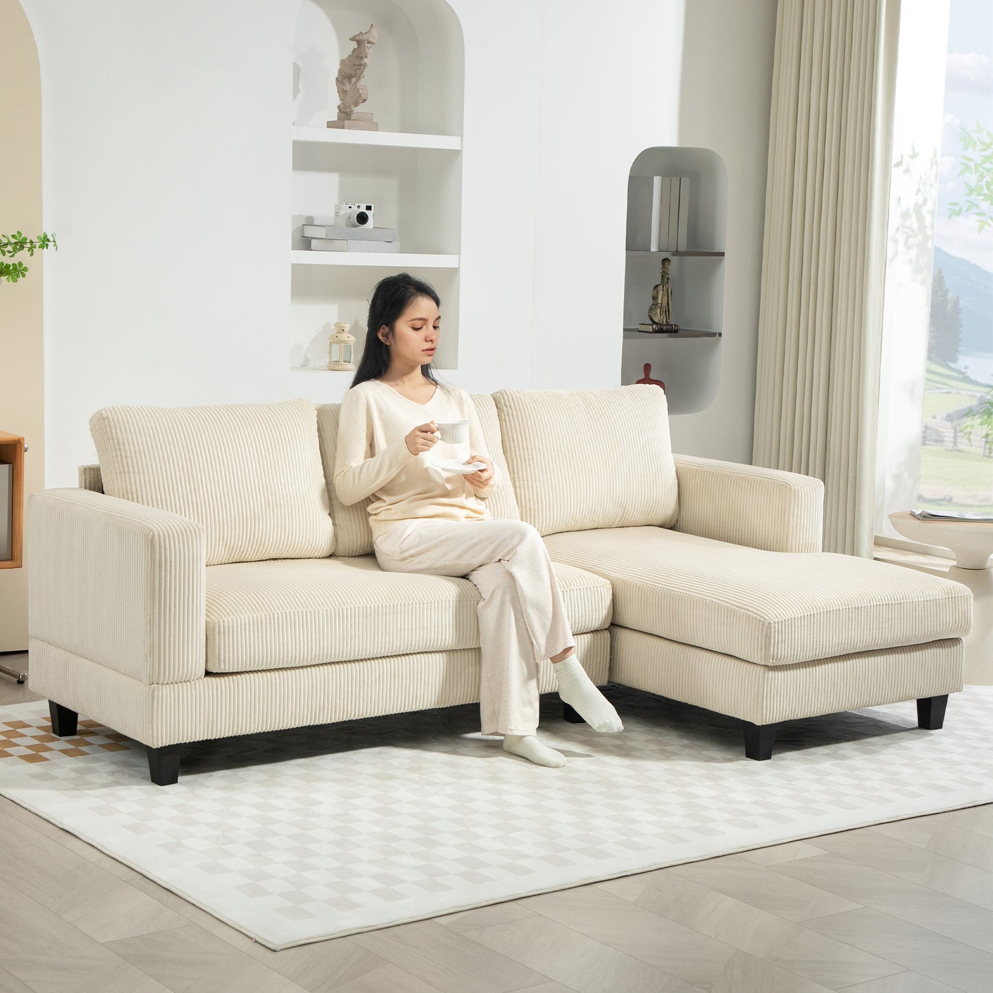 L Shaped Couch, L Shape Sofa with Chaise Lounge and Spring Cushion for Living Room, Bedroom, Beige