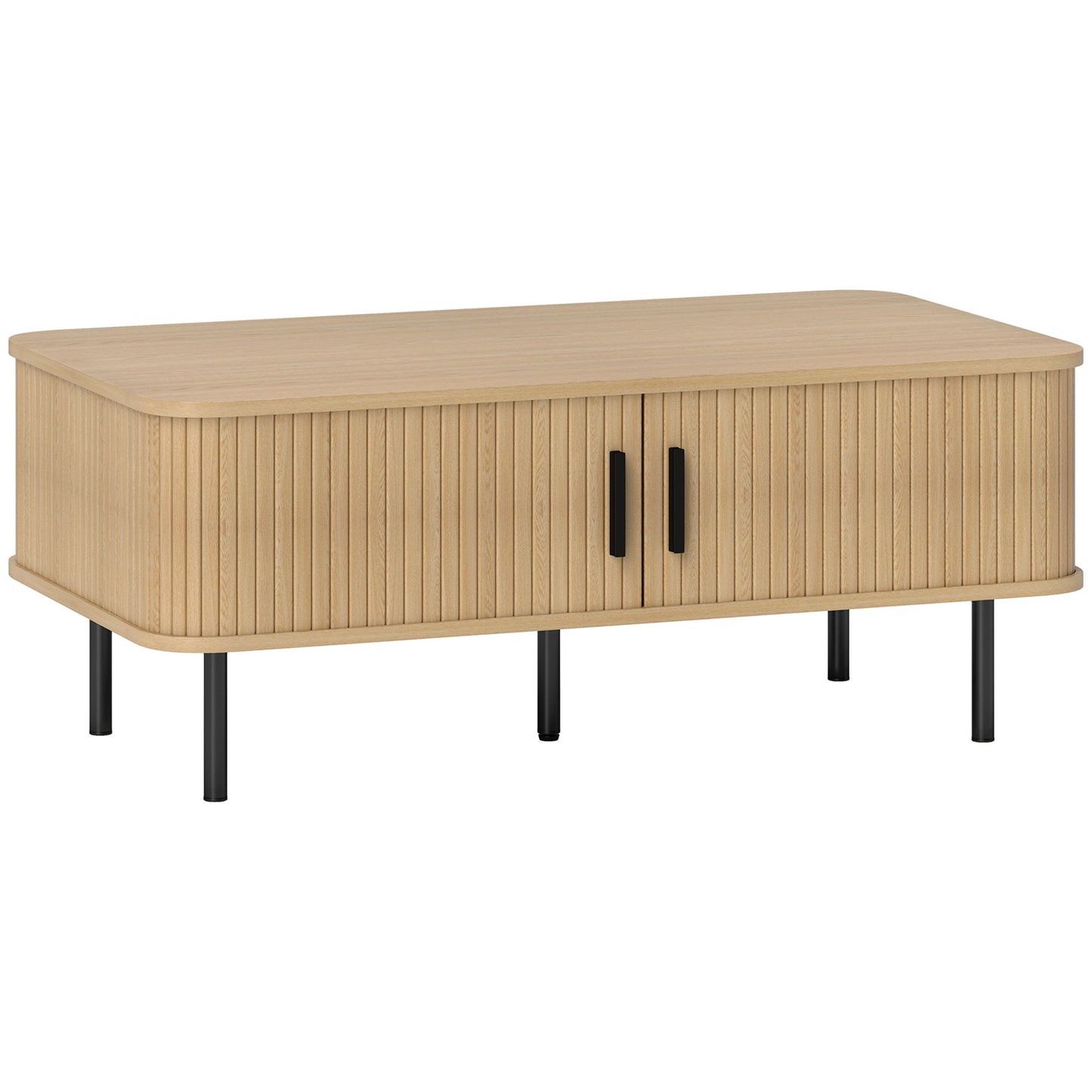 Coffee Table with Storage, Nordic Side Table with Fluted Tambour Sliding Doors and Steel Legs for Living Room, Oak