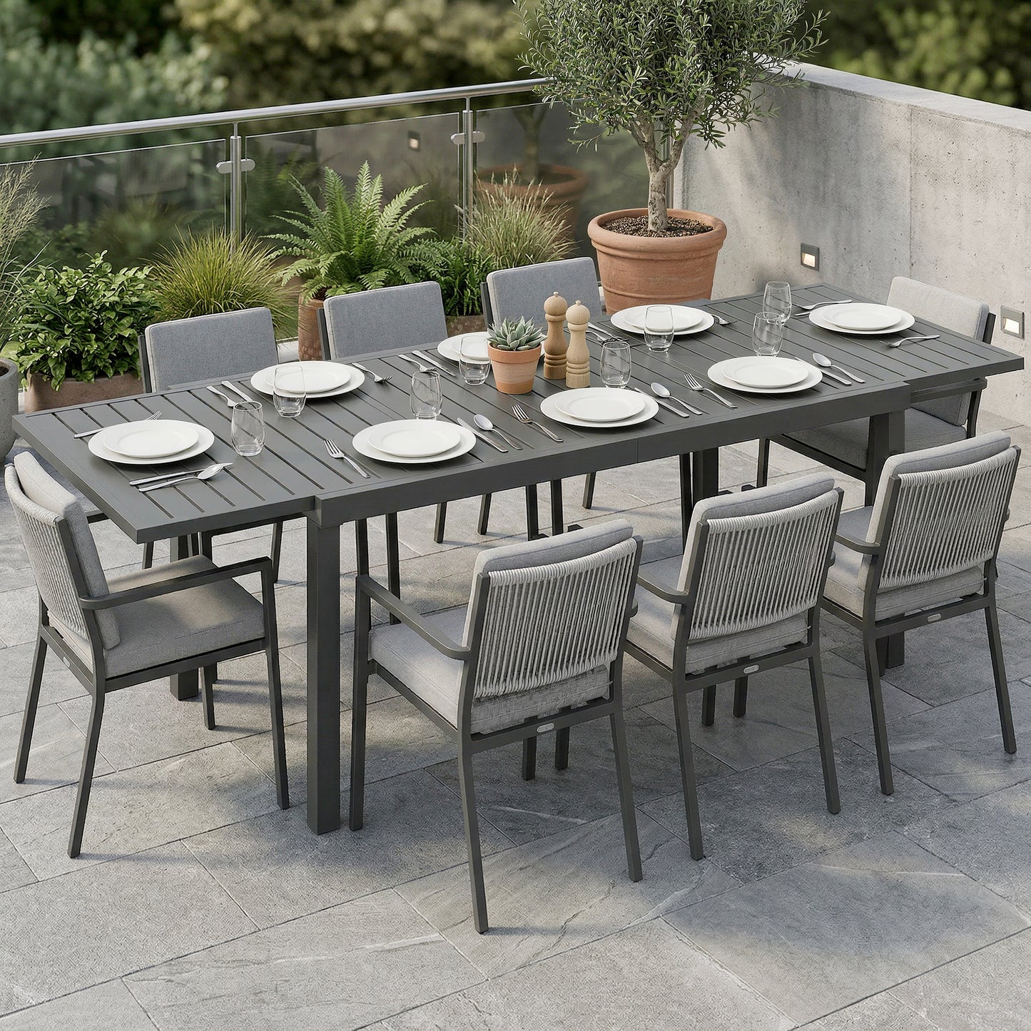 Expandable Outdoor Dining Table for 6-8 People, 59"-89" Aluminum Patio Dining Table with Slatted Top, Dark Grey