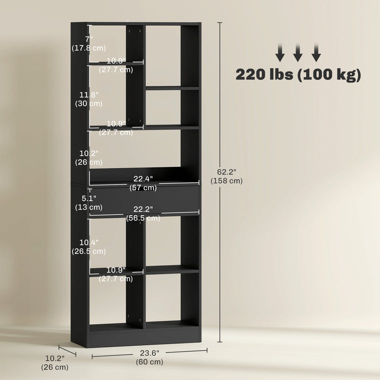 Tall Bookshelf with Drawer - Black