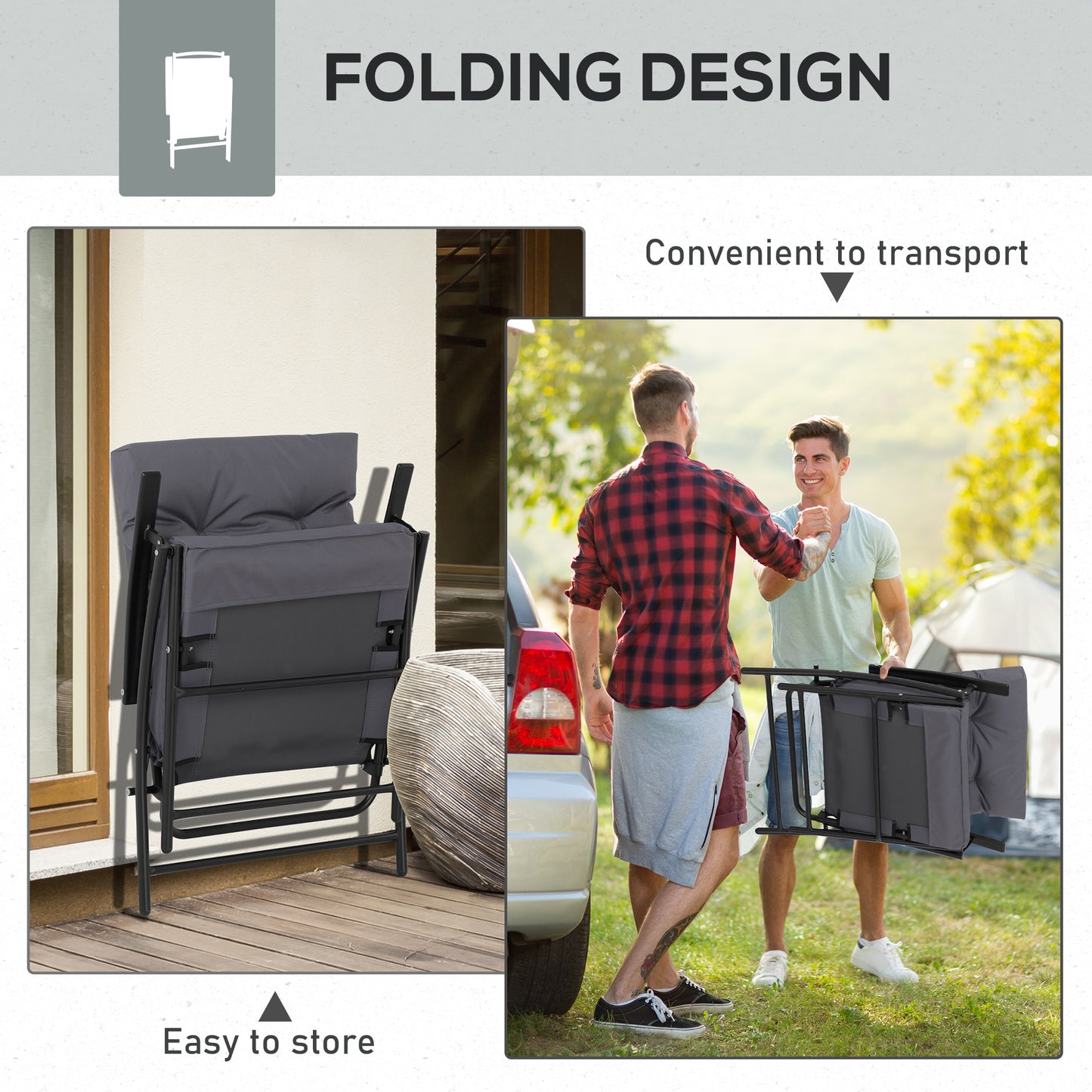 Set of 2 Outdoor Folding Chairs with Adjustable Backrest, Padded Camping Chairs for Outdoor Events, Grey