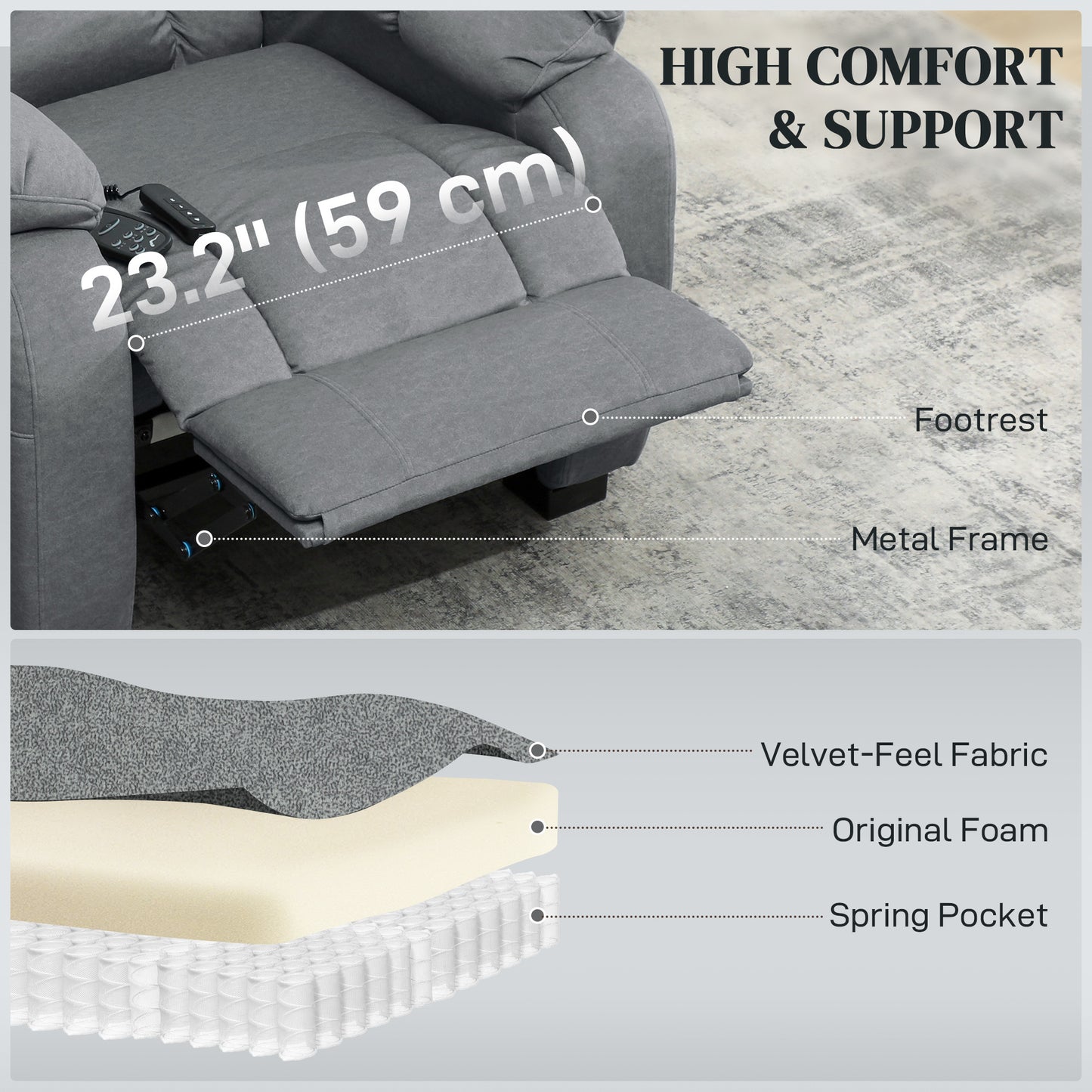 Massage Recliner Chair with Quiet Brushless Motor Pet-Friendly Fabric Power Recliner with 2 Memory Positions Grey