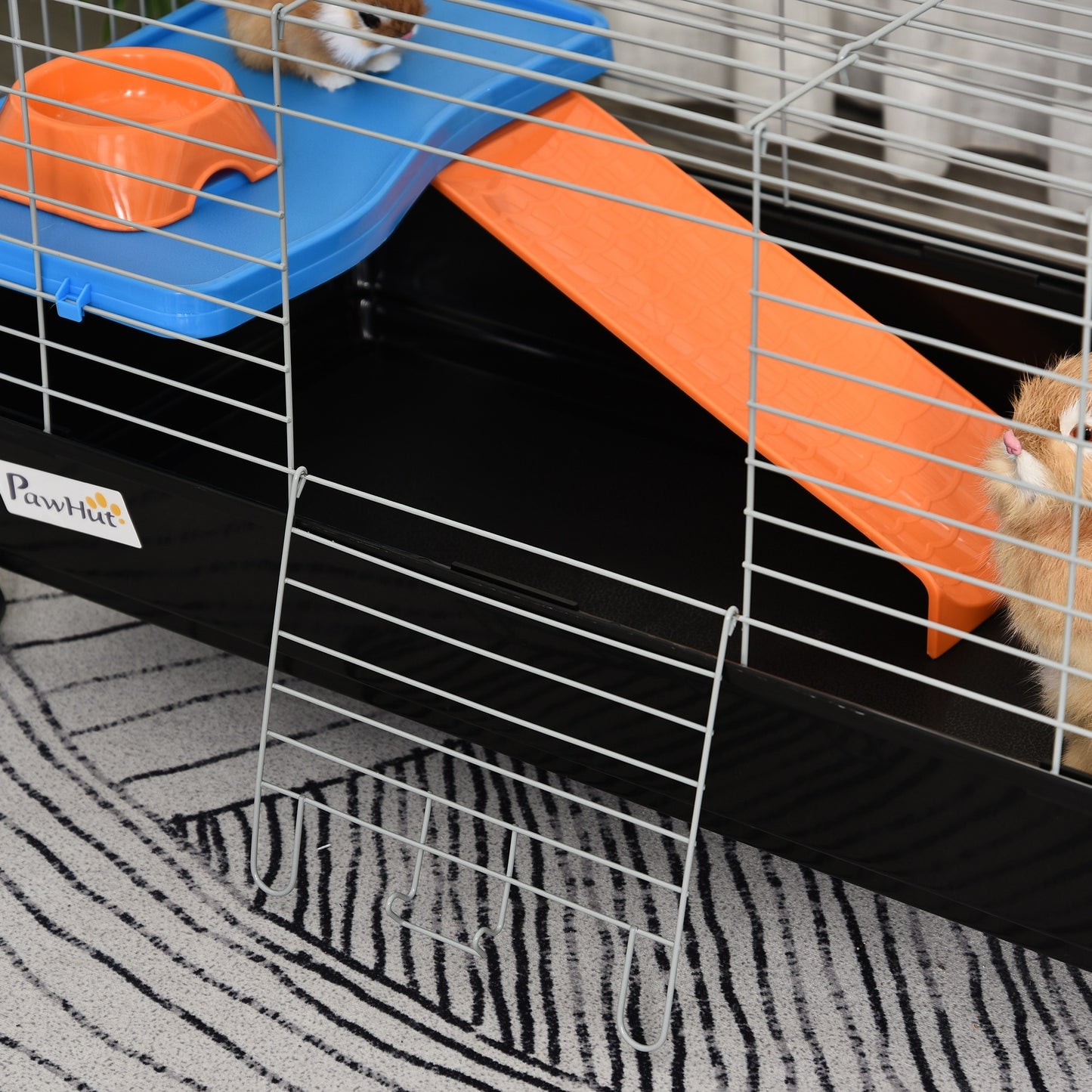 Small Animal Cage, Rolling Bunny Cage, Guinea Pig Cage with Food Dish, Water Bottle, Hay Feeder, Platform, Ramp, Black