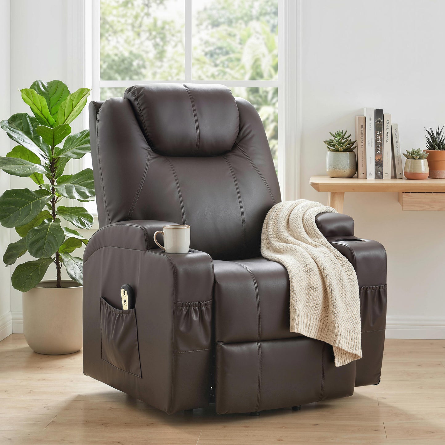 Power Lift Recliner Chair for Elderly, PU Leather Lift Chair with Thick and High Back, Footrest, Remote, Side Pockets, Cup Holders, Reclining Sofa for Living Room, Brown