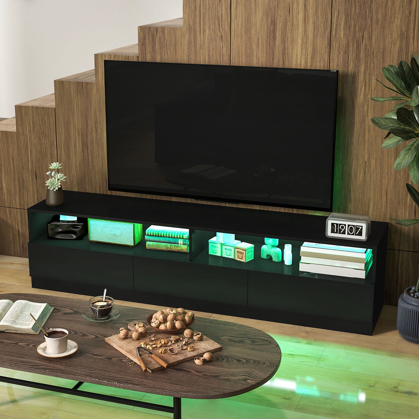 LED Lighted TV Stand for TVs up to 75", Modern TV Cabinet with Storage Drawers for Living Room, High Gloss Black