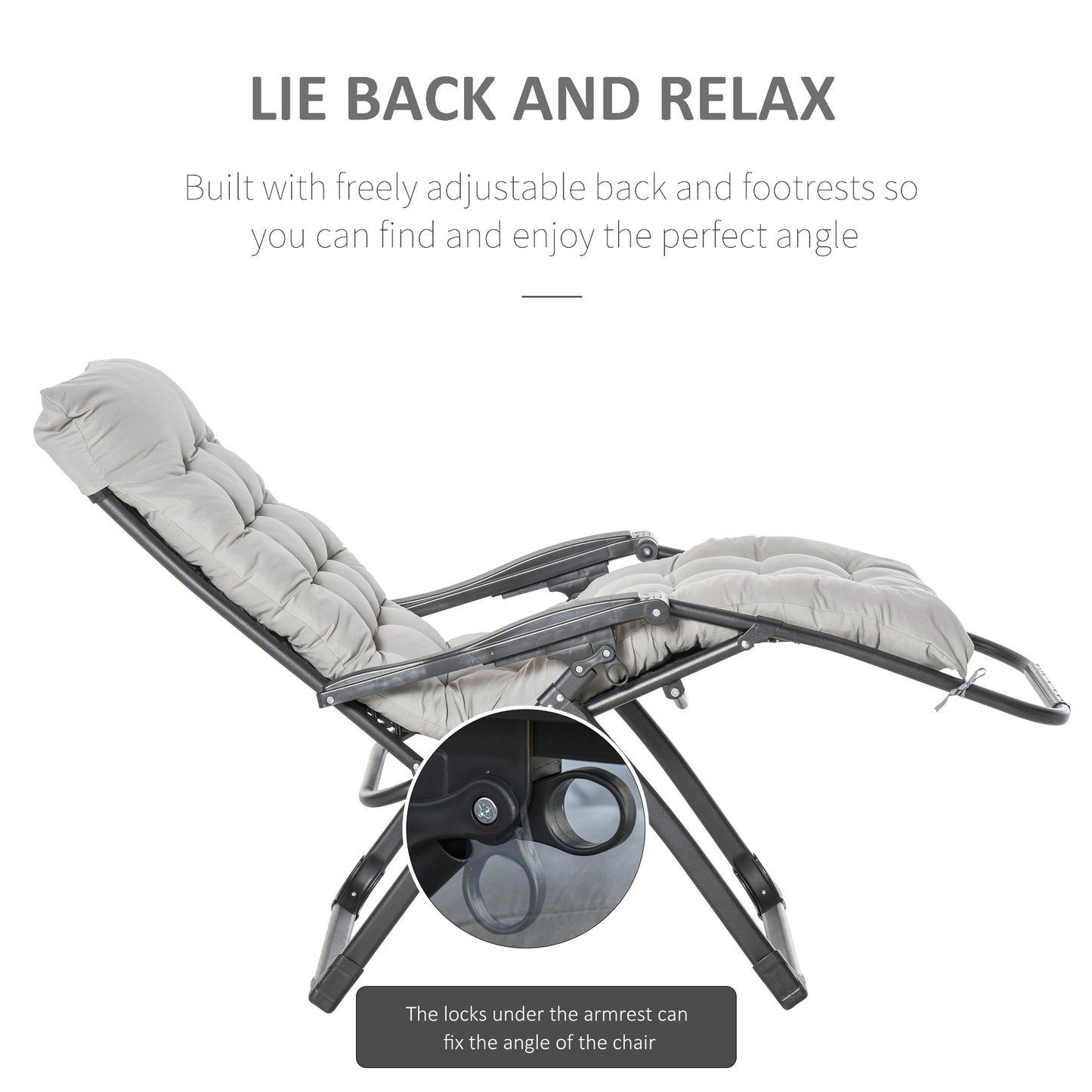Reclining Zero Gravity Chair with Adjustable Backrest, Folding Garden Sun Lounger, Outdoor Recliner with Removable Cushion and Headrest, Dark Grey