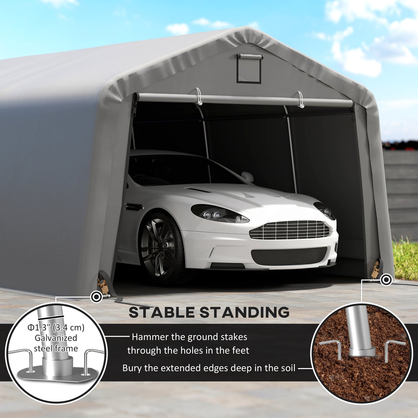 Portable Garage, Heavy Duty Carport Canopy with Ventilation Windows and Large Roll-up Door, Dark Grey
