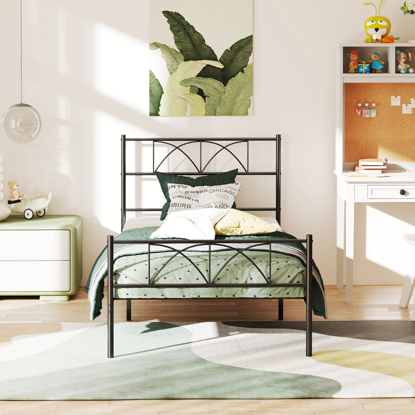 Metal Twin Platform Bed Frame with Headboard, Steel Slat Support, Underbed Storage, No Box Spring Needed, Easy Assembly
