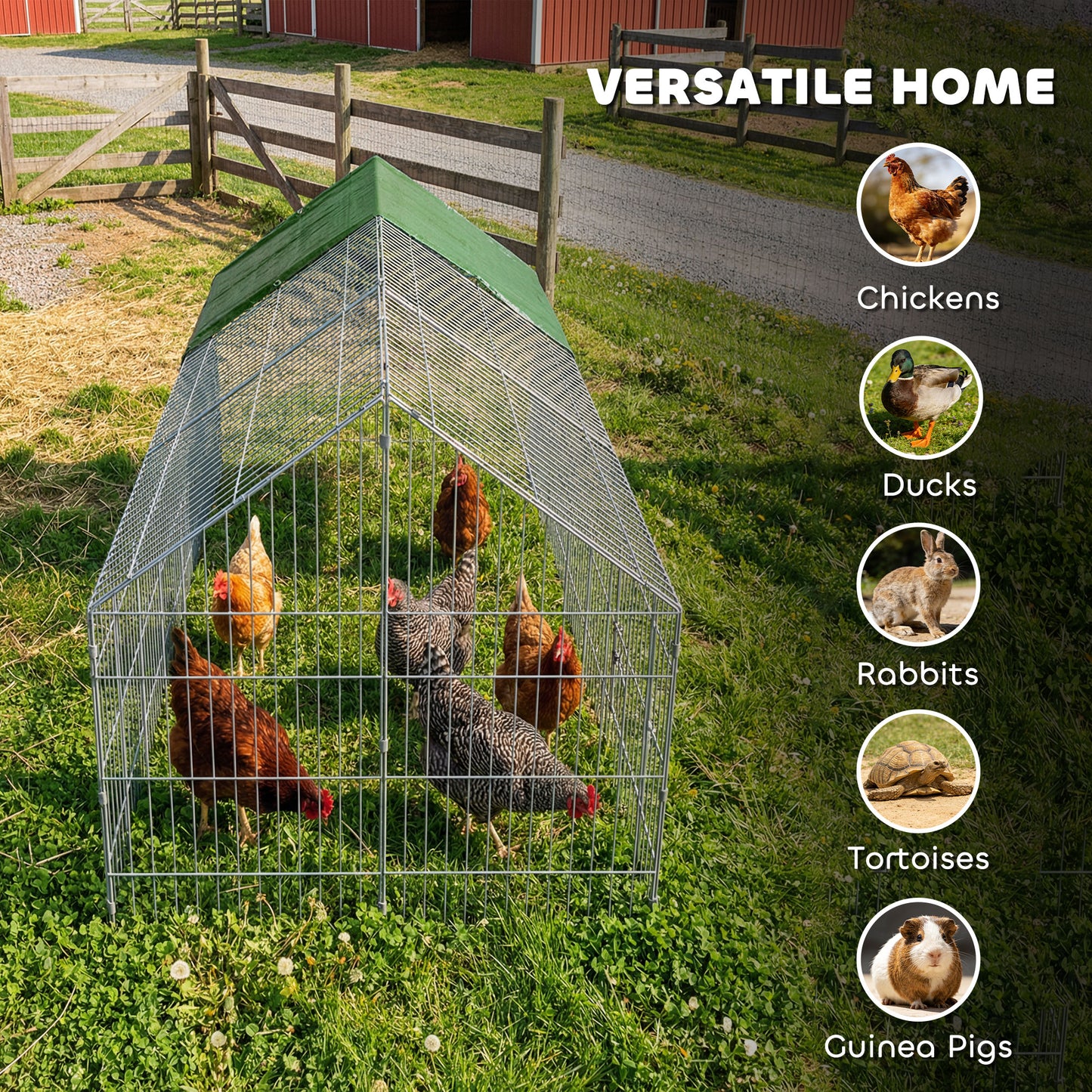 Metal Chicken Coop with UV-Resistant Cover for Rabbits, Ducks, Turtles, Guinea Pigs, 106" x 29.5" x 29.5", Green