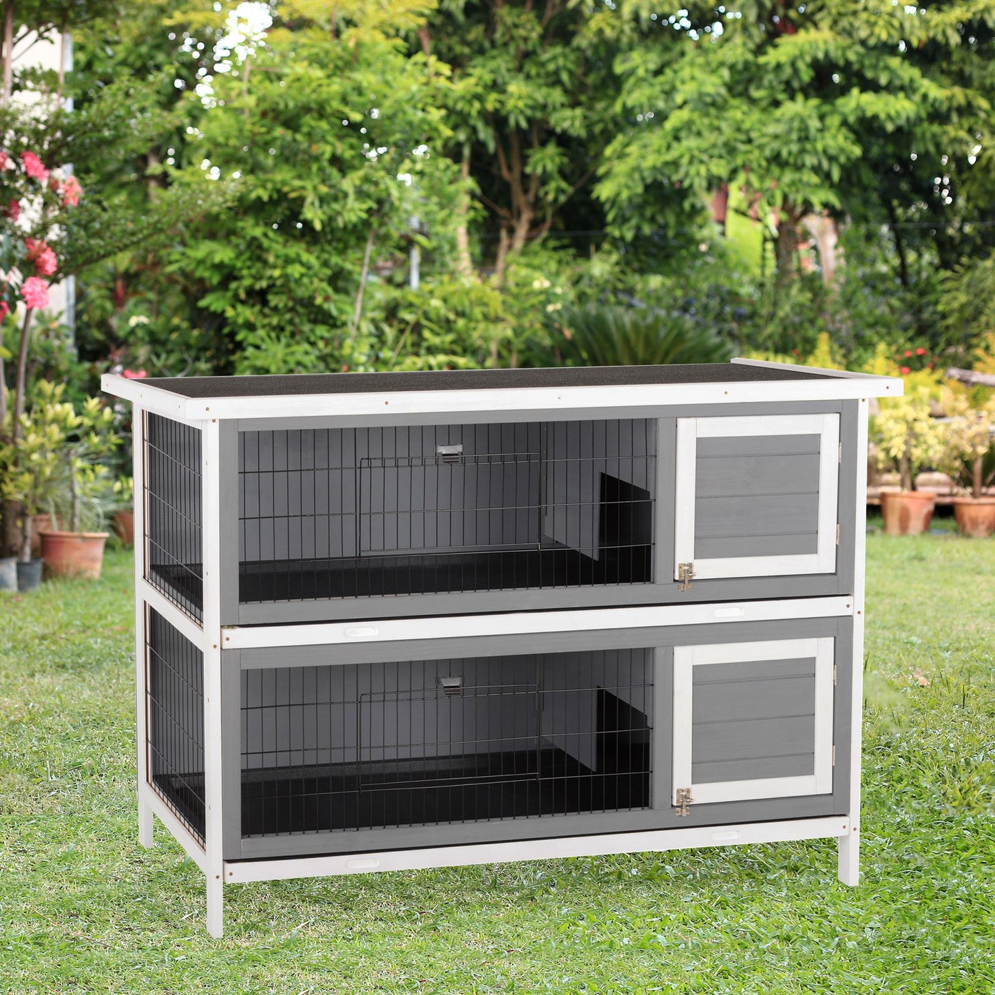 2 Tier Wooden Rabbit Hutch Bunny Pet House Wooden Coop Run, Grey