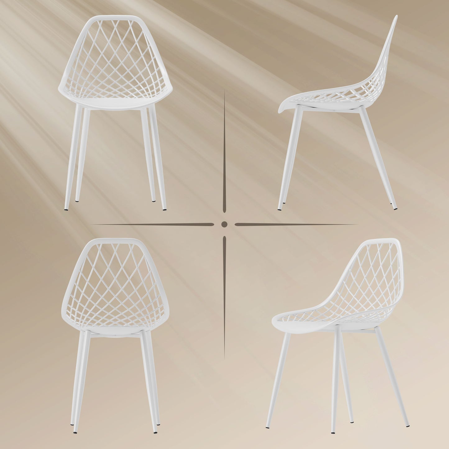 Modern Dining Chairs Set of 4, Plastic Kitchen Chairs with Hollow Backrest and Metal Legs for Living Dining Room, White