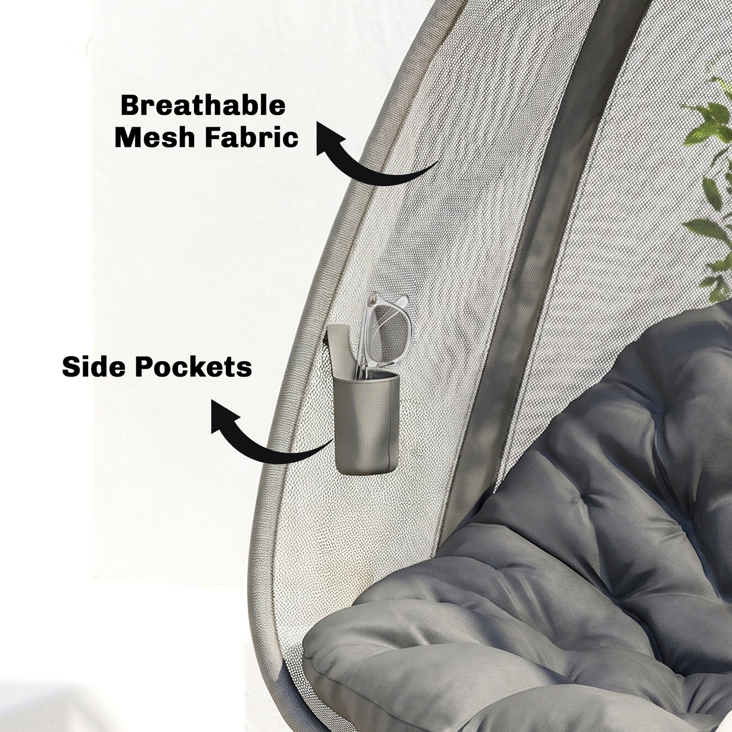 Hanging Egg Chair, Outdoor Indoor Swing Chair with Stand, Folding Basket and Thickened Cushion, Grey