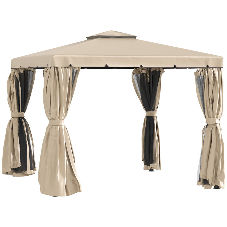 10' x 10' Khaki Polyester Gazebo with Curtains & Double Roof