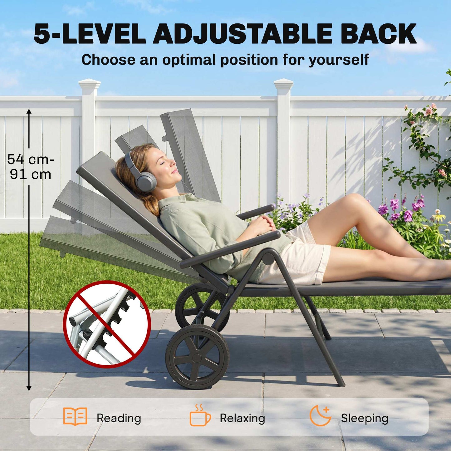Outdoor Lounge Chair, 5-Level Adjustable Folding Chaise Chair with 2 Wheels for Backyard, Beach, Poolside, Grey