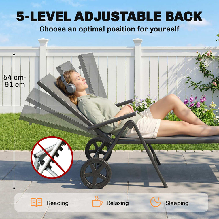 5-Level Folding Chaise Lounge with 2 Wheels